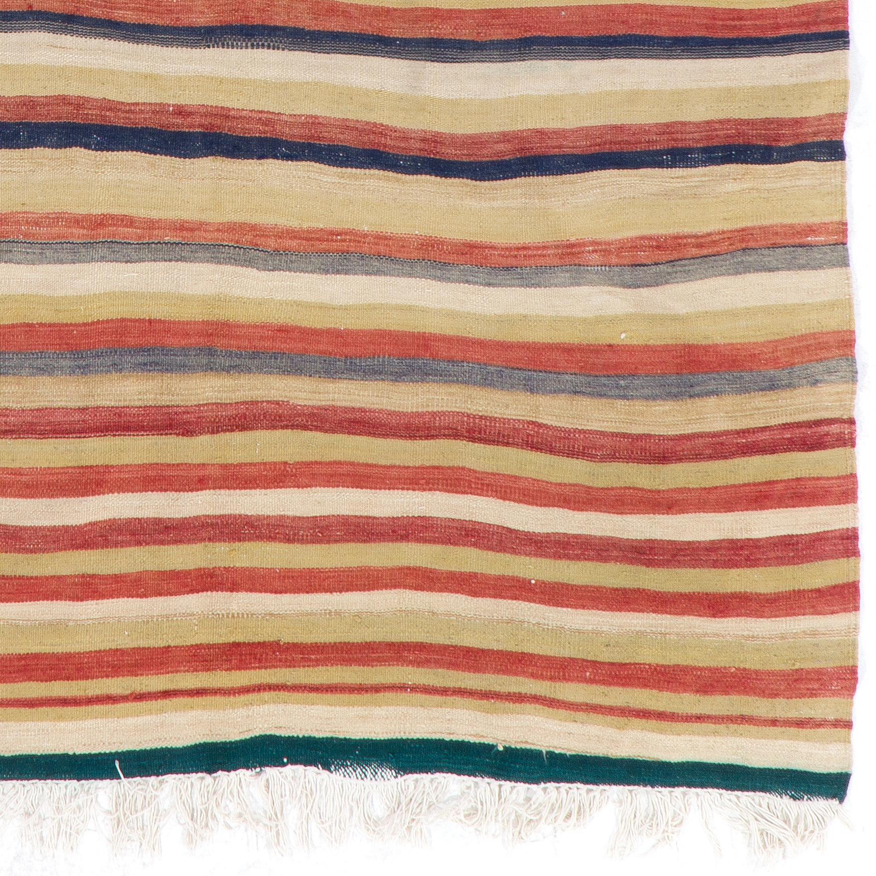 20th Century 5x8.4 Ft Hand-Woven Vintage Turkish Kilim Rug 'Flat-Weave' with Striped Design For Sale