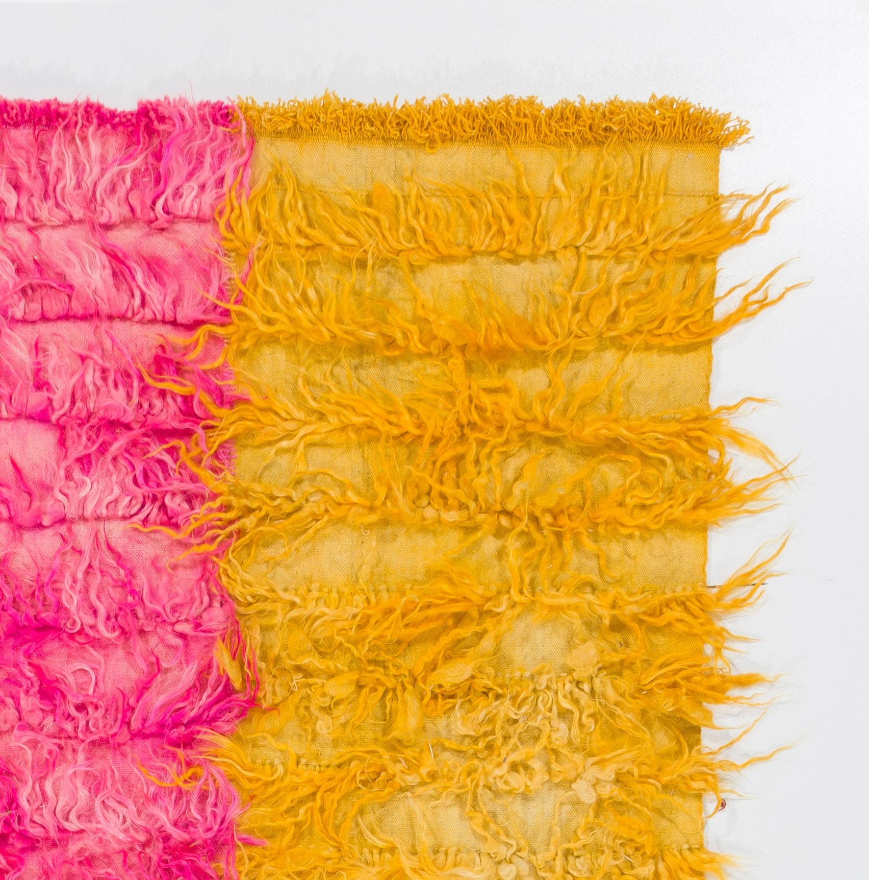 Modern Shag Pile Mohair Tulu Rug. Yellow and Hot Pink Colors. Custom Options Available For Sale