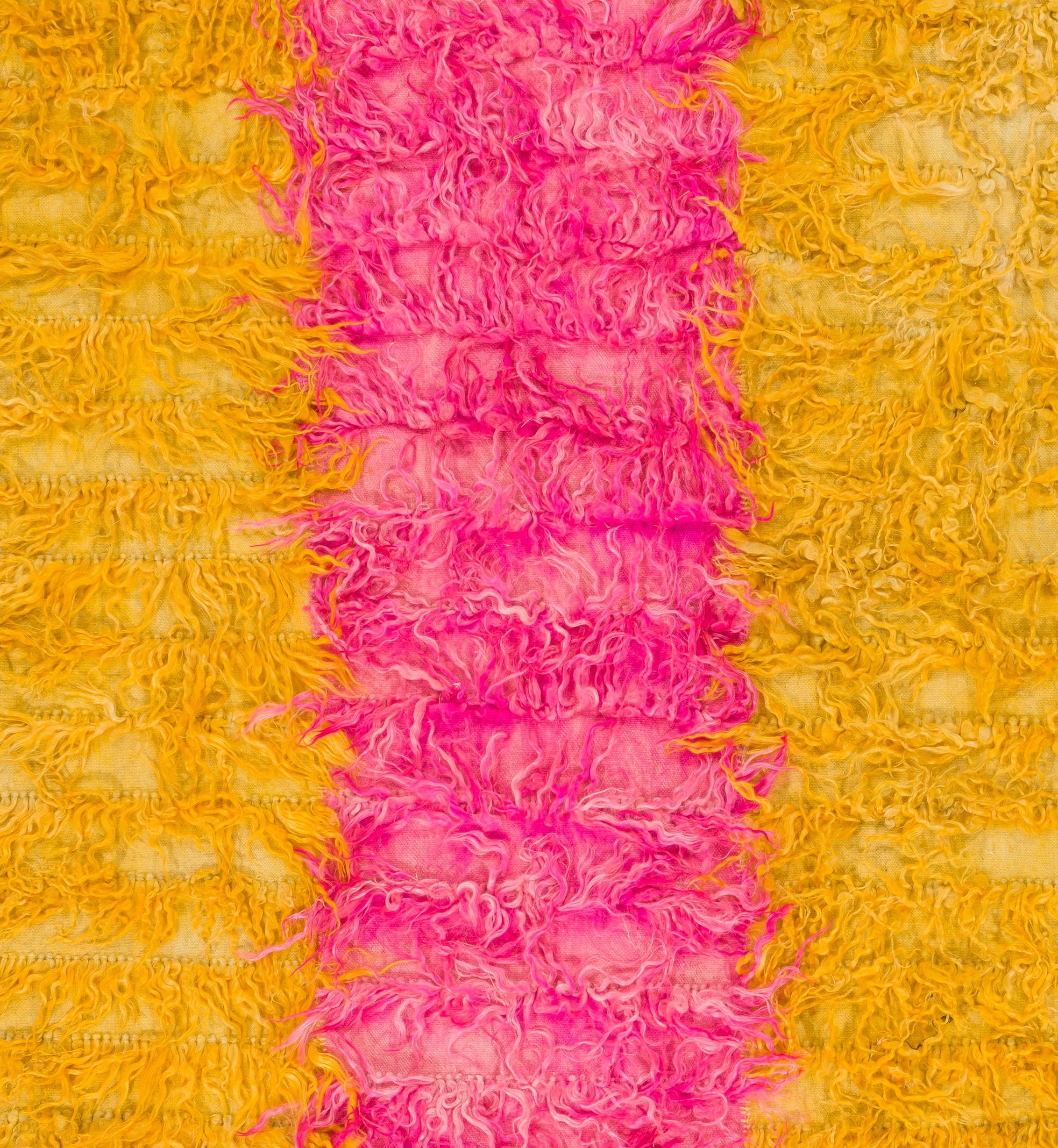 Turkish Shag Pile Mohair Tulu Rug. Yellow and Hot Pink Colors. Custom Options Available For Sale