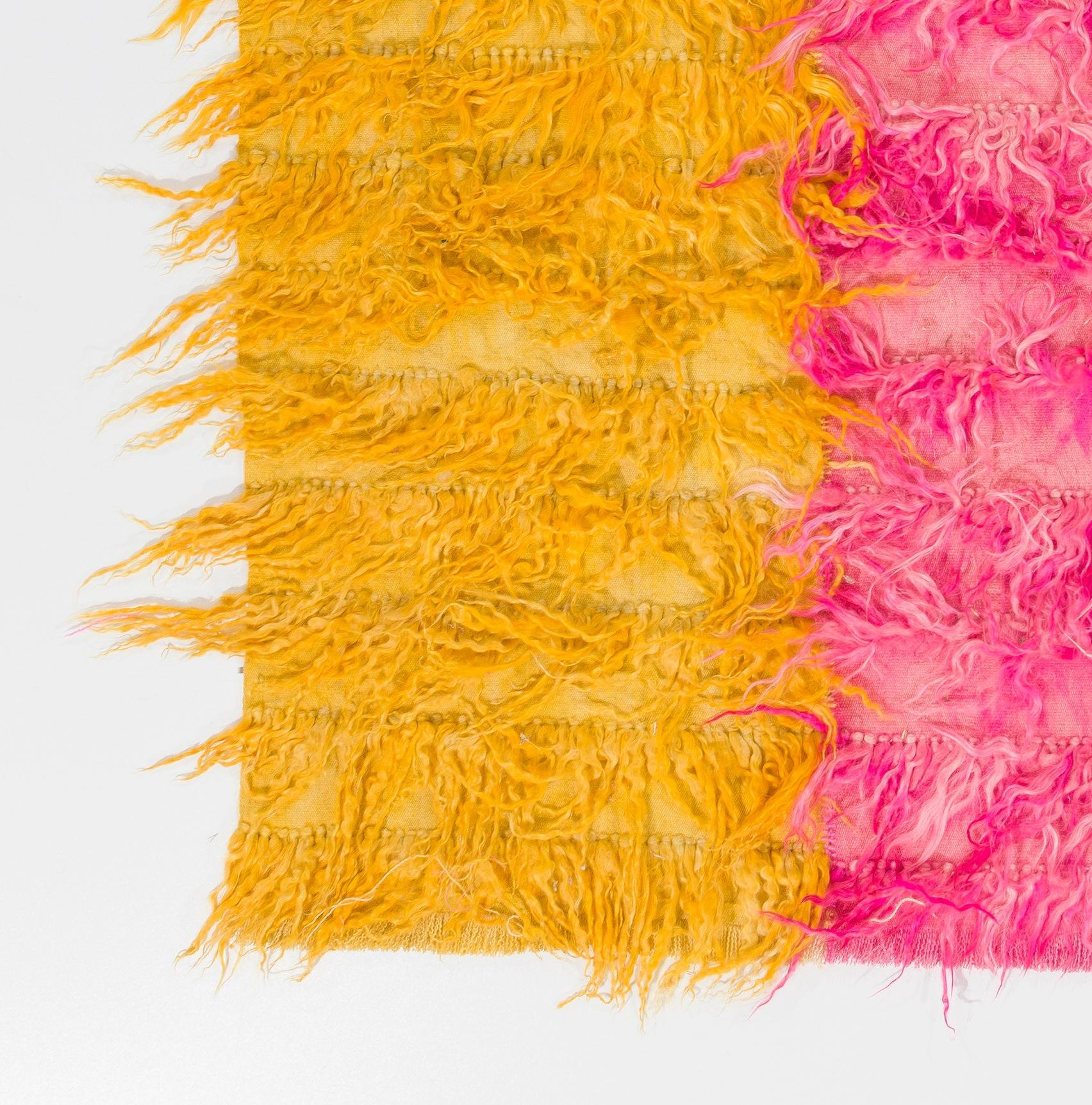 Hand-Woven Shag Pile Mohair Tulu Rug. Yellow and Hot Pink Colors. Custom Options Available For Sale
