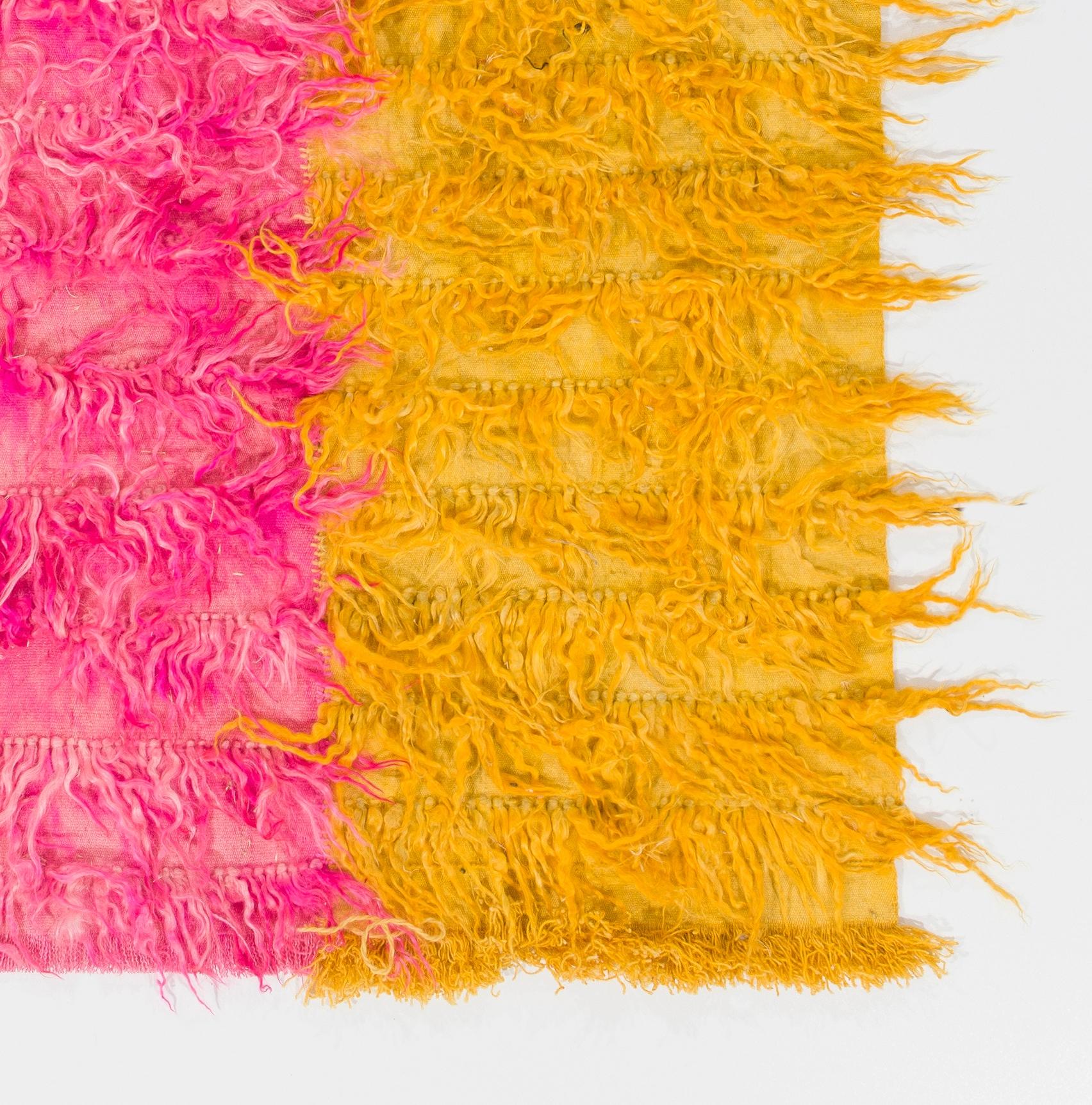 Shag Pile Mohair Tulu Rug. Yellow and Hot Pink Colors. Custom Options Available In New Condition For Sale In Philadelphia, PA