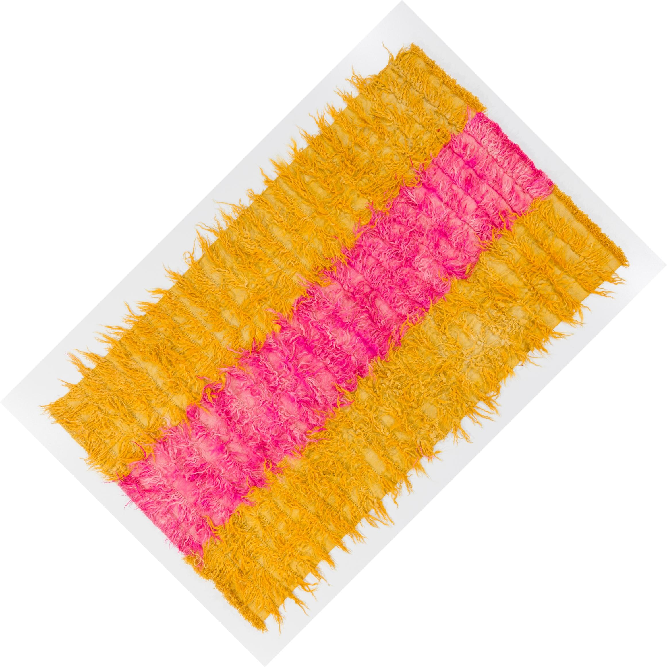 Contemporary Shag Pile Mohair Tulu Rug. Yellow and Hot Pink Colors. Custom Options Available For Sale