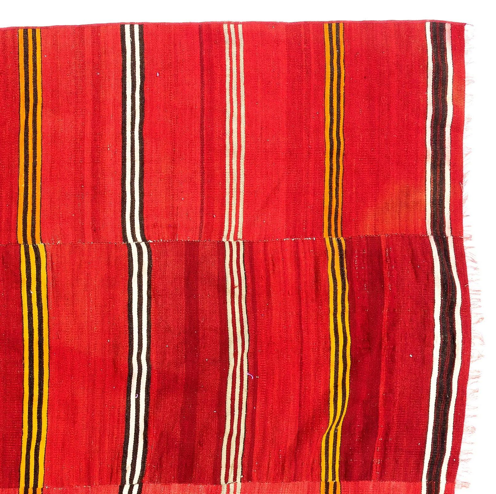 Turkish 5x8.4 Ft Vintage Handmade Striped Nomadic Kilim Rug in Vivid Red Color, All Wool For Sale