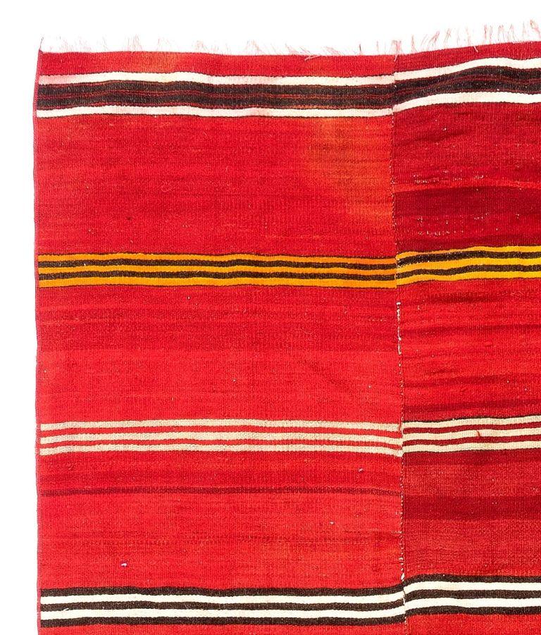 Hand-Knotted 5x8.4 Ft Vintage Handmade Striped Nomadic Kilim Rug in Vivid Red Color, All Wool For Sale