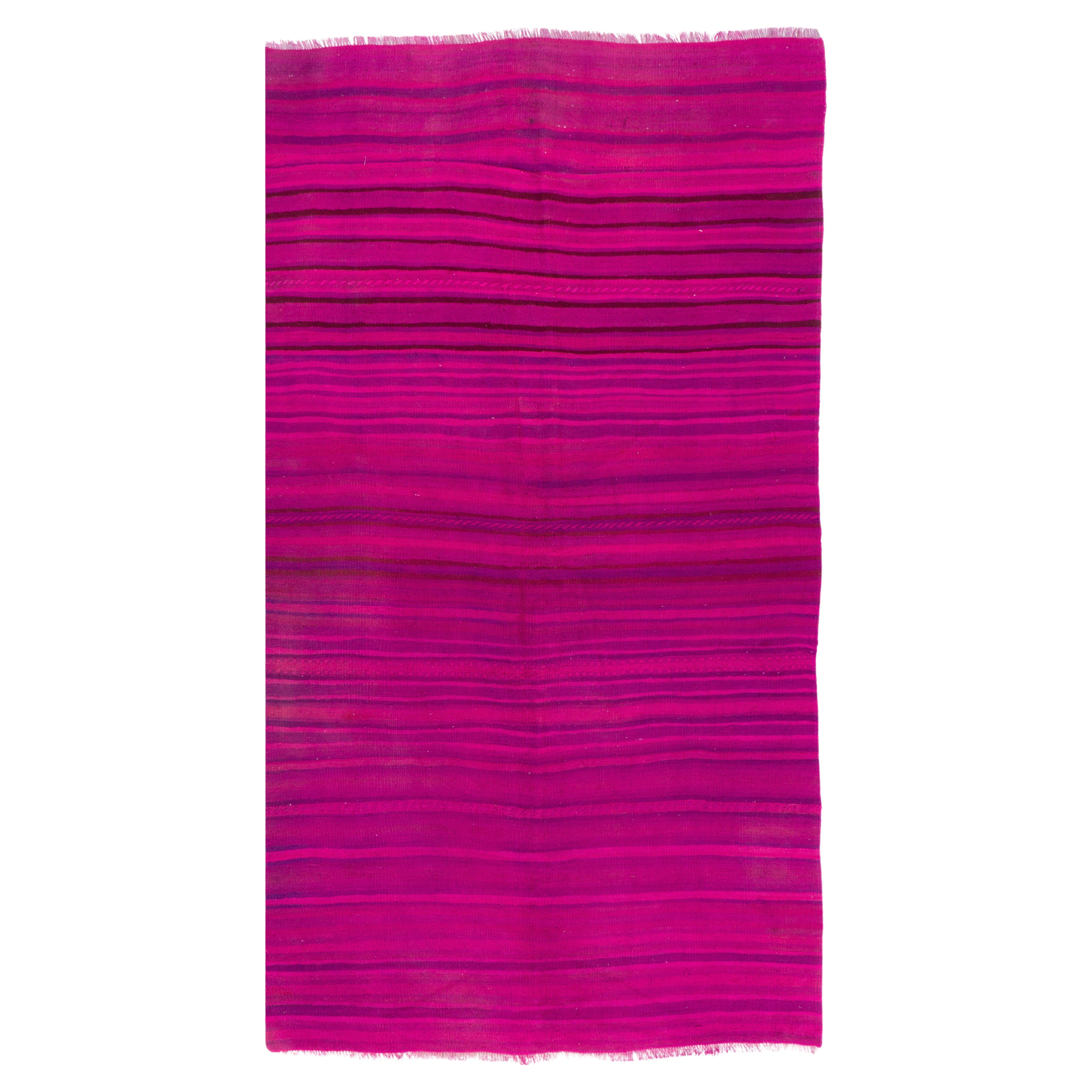 5x8.5 Ft Vintage Striped Handmade Flat-weave Kilim Rug in Fuchsia Pink. All Wool