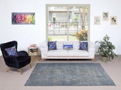 5x8.5 Ft Modern Blue Turkish Rug. Vintage Handmade Wool Area Rug
