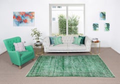 5x8.5 Ft Vintage Hand Knotted Turkish Distressed Area Rug Over-Dyed in Green