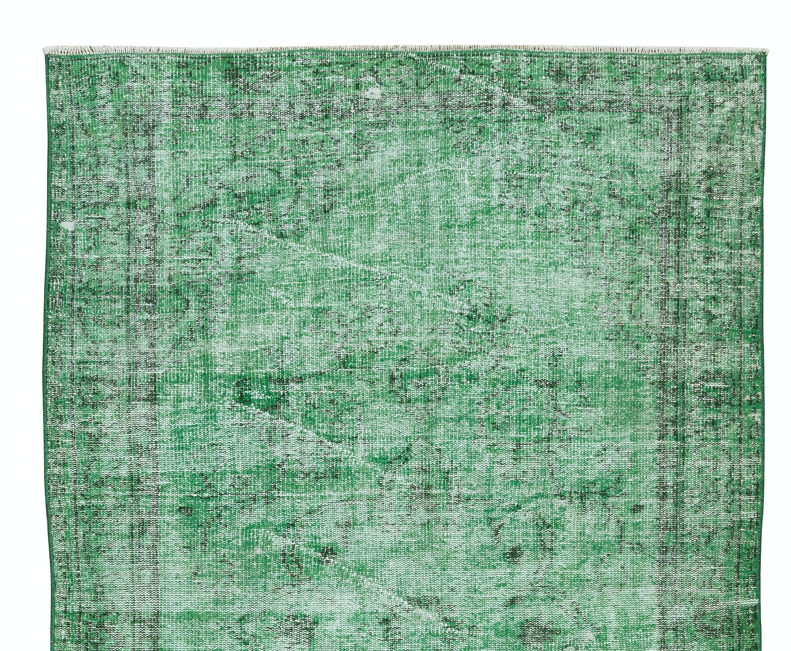 Hand-Knotted 5x8.5 Ft Vintage Hand Knotted Turkish Distressed Area Rug Over-Dyed in Green For Sale