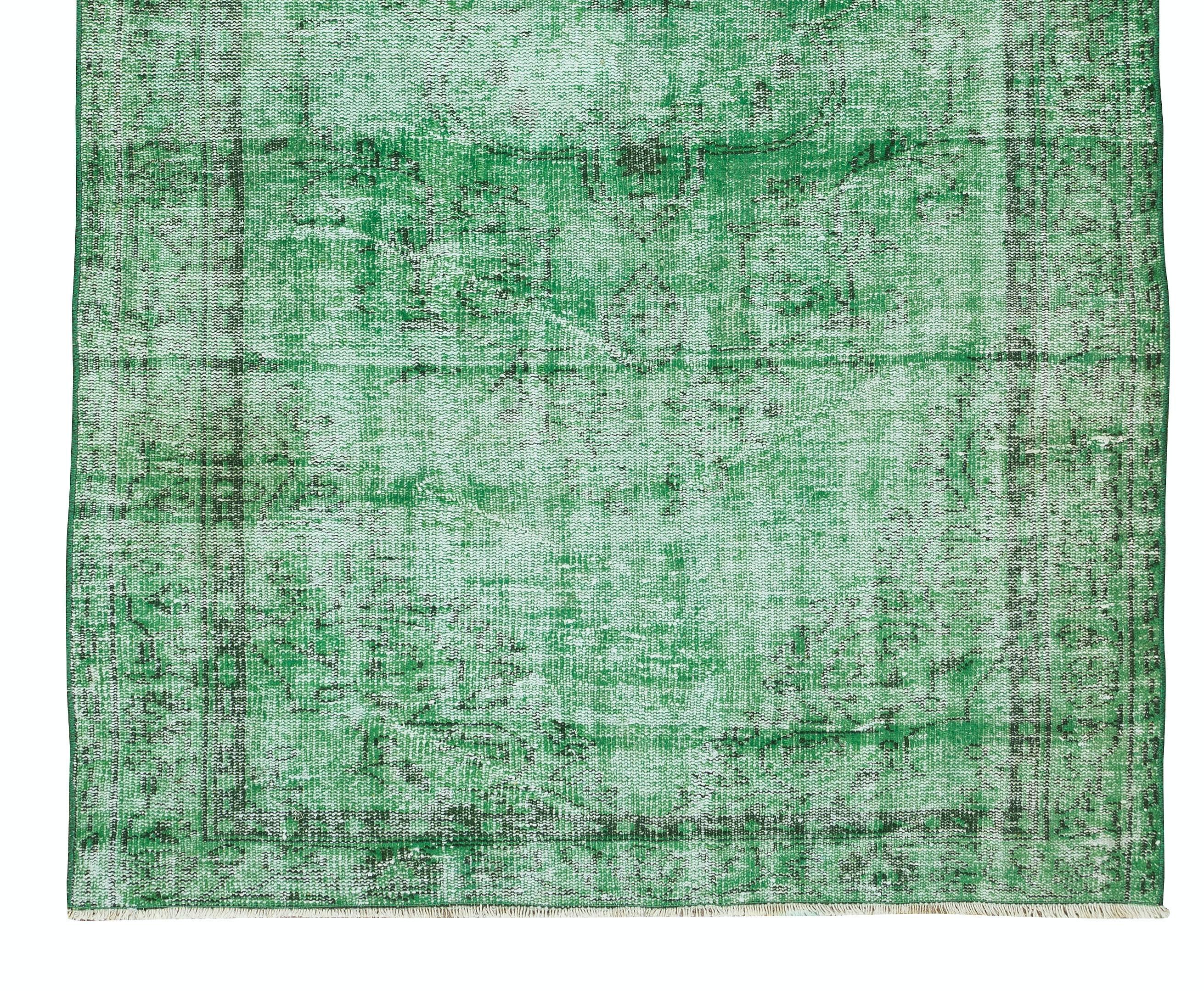 5x8.5 Ft Vintage Hand Knotted Turkish Distressed Area Rug Over-Dyed in Green In Good Condition For Sale In Philadelphia, PA