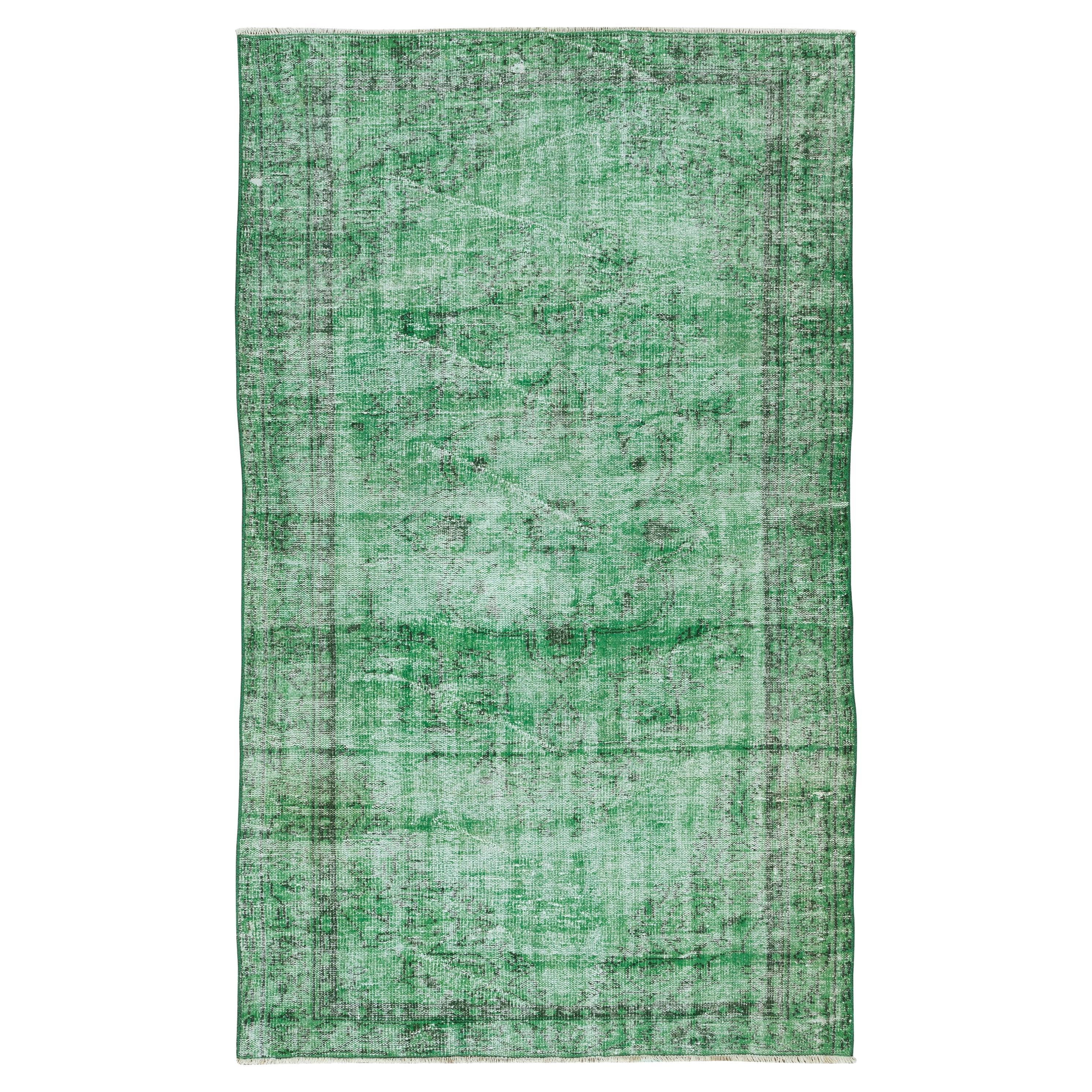 5x8.5 Ft Vintage Hand Knotted Turkish Distressed Area Rug Over-Dyed in Green