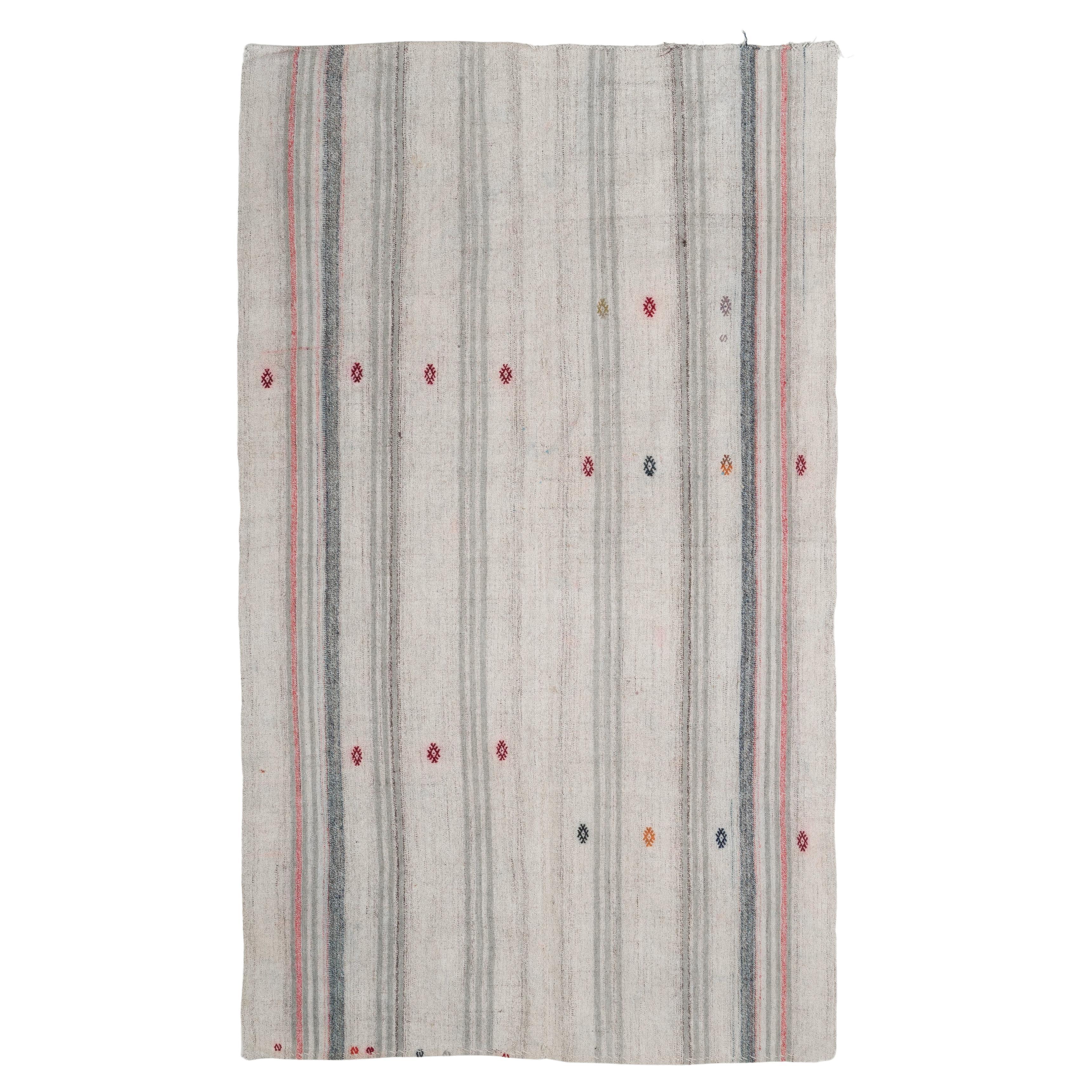Vintage Hand-Woven Anatolian Kilim "Flat-Weave" with Striped Design 5x8.5 Ft
