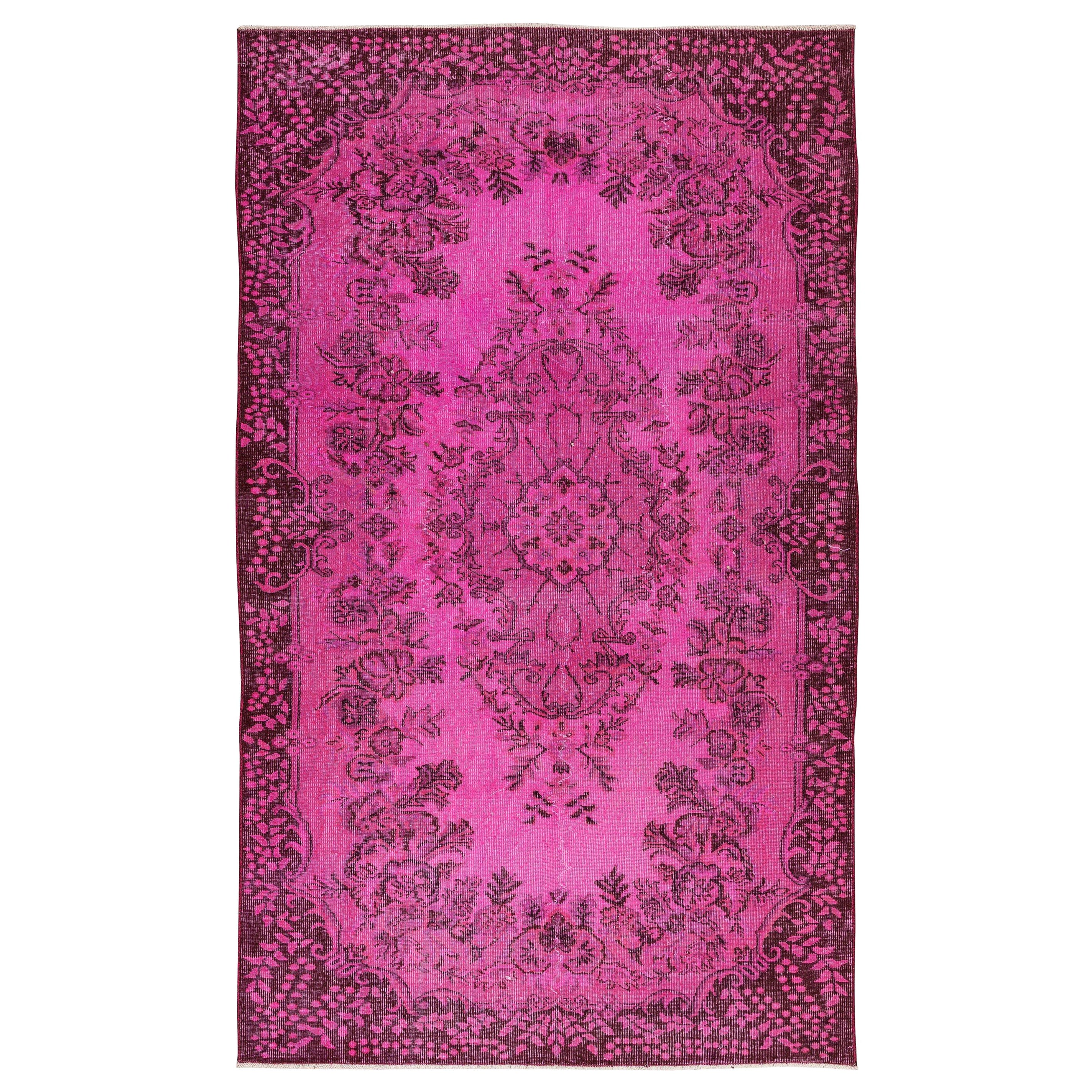 5x8.6 Ft Rosa caldo Tappeto turco contemporaneo fatto a mano con design a medaglione
