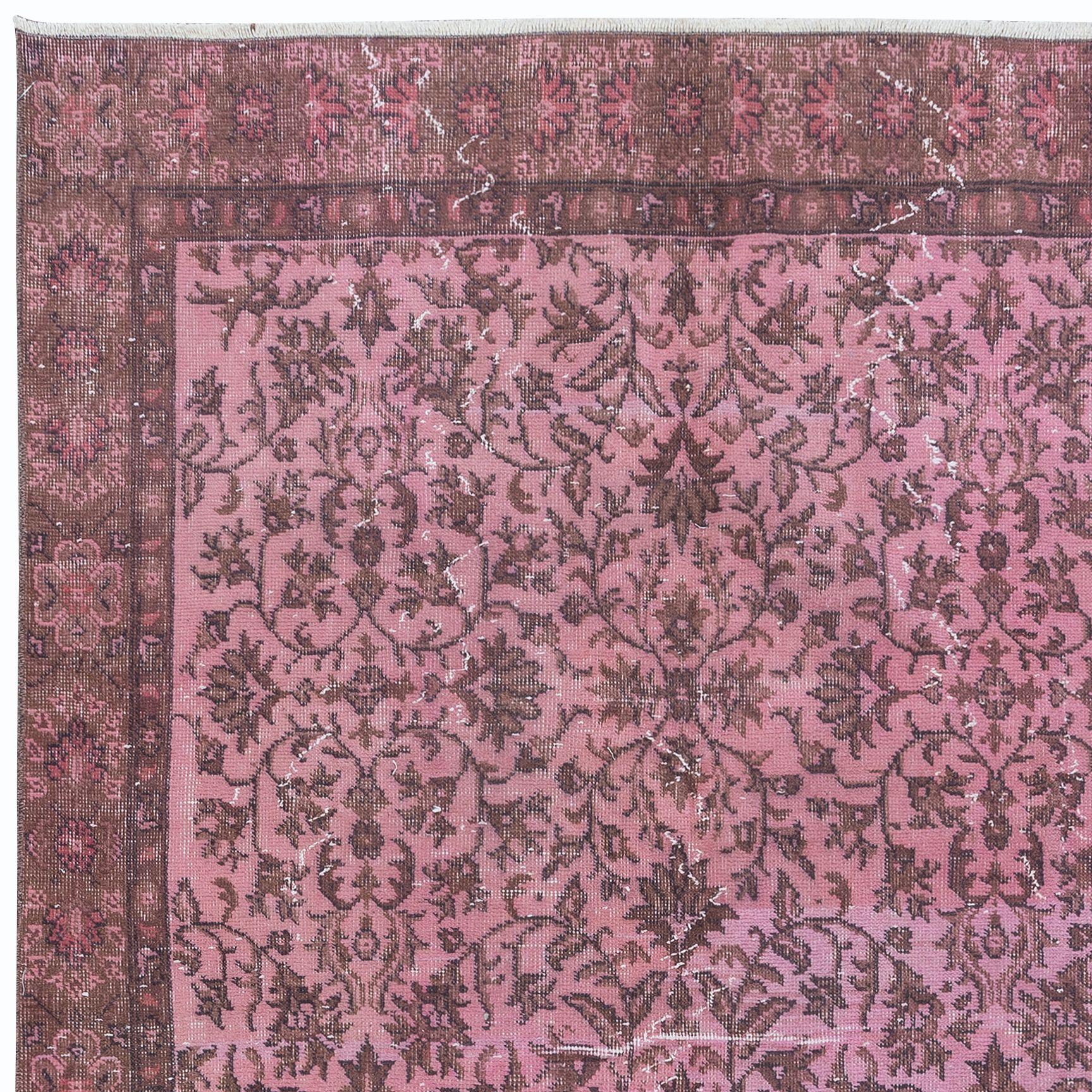 Hand-Woven 5x8.6 Ft Rose Pink Modern Turkish Area Rug. Handmade Flower Design Carpet For Sale