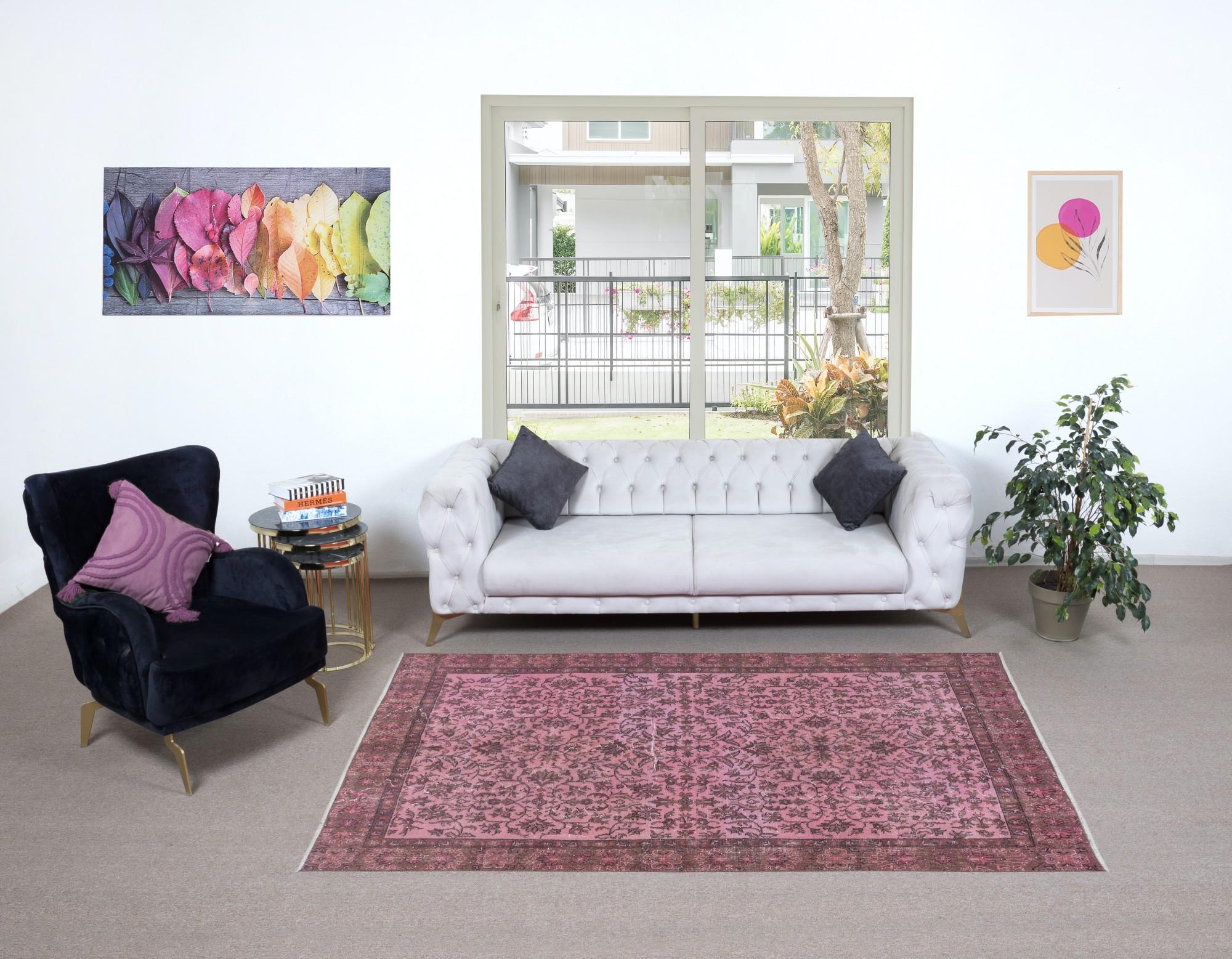20th Century 5x8.6 Ft Rose Pink Modern Turkish Area Rug. Handmade Flower Design Carpet