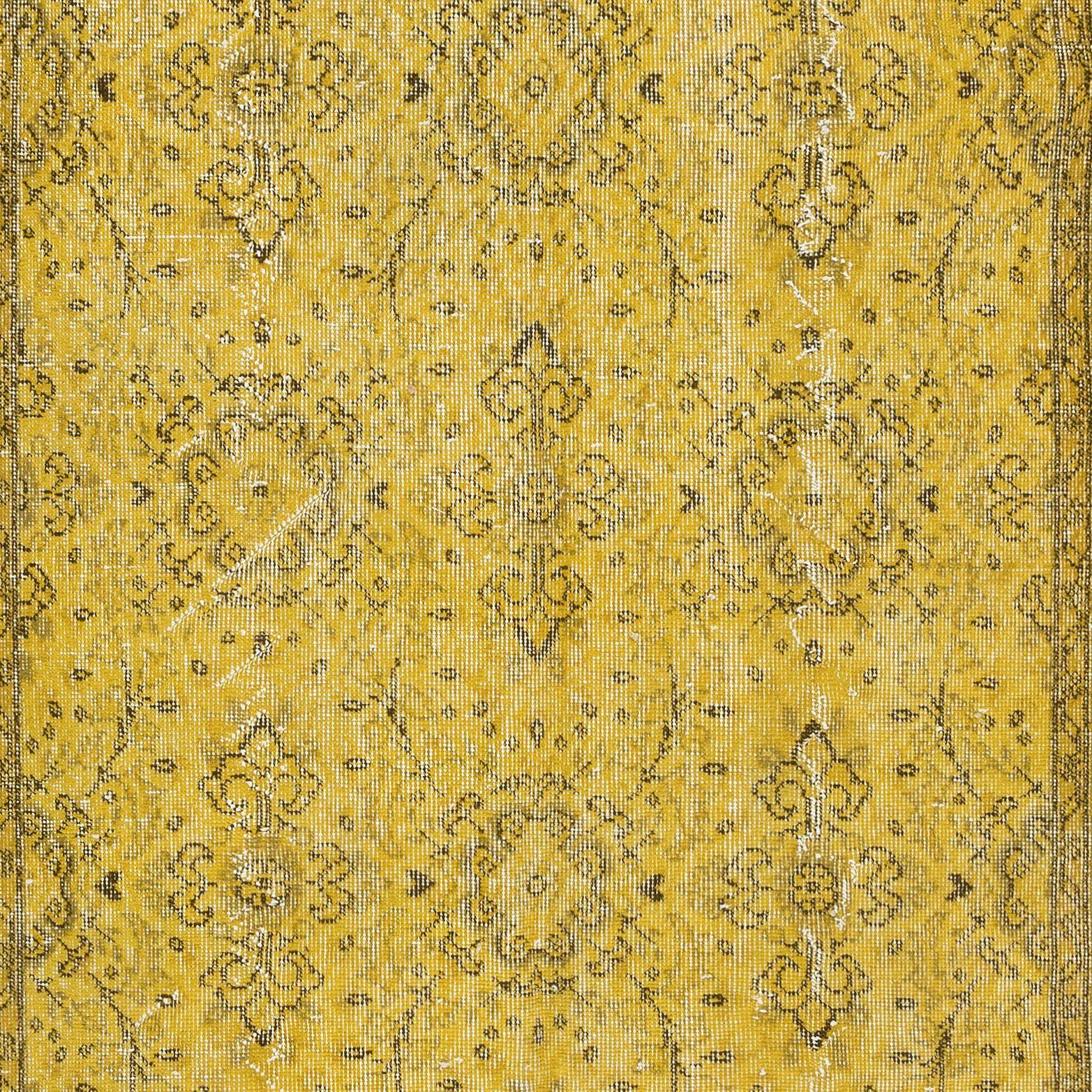 Modern 5x8.6 Ft Upcycled Handmade Turkish Floral Area Rug, Yellow Over-Dyed Carpet For Sale