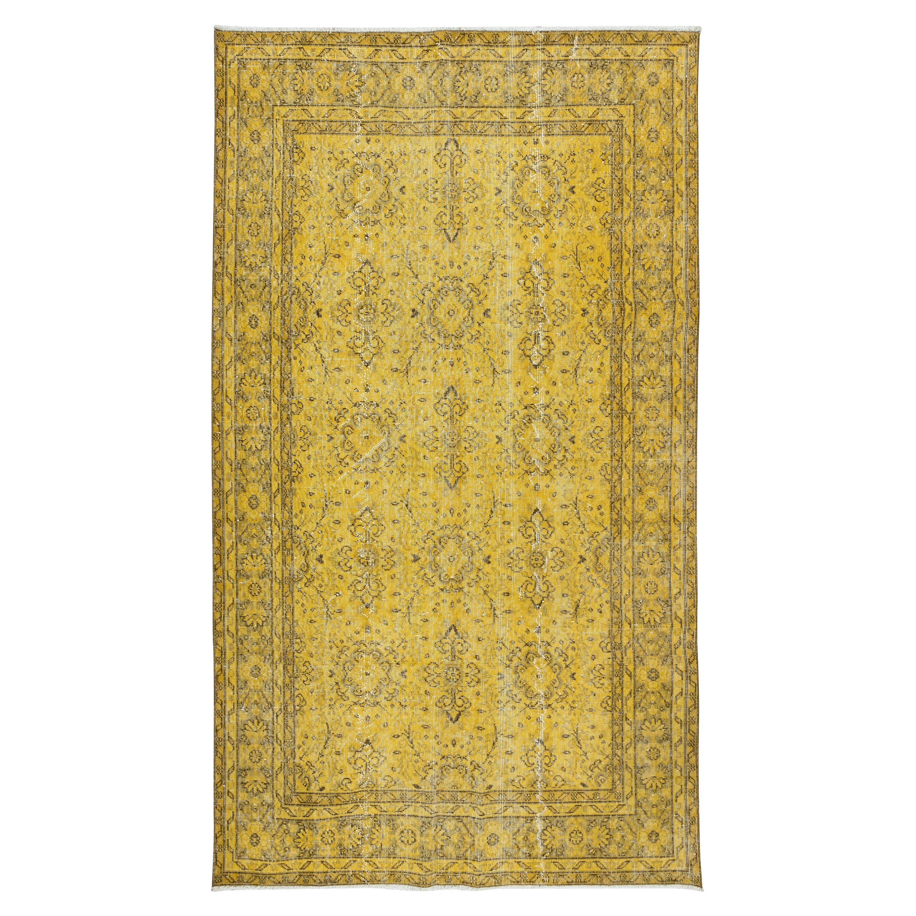 5x8.6 Ft Upcycelter handgefertigter türkischer geblümter Teppich mit Blumenmuster, gelber Over-Dyed-Teppich