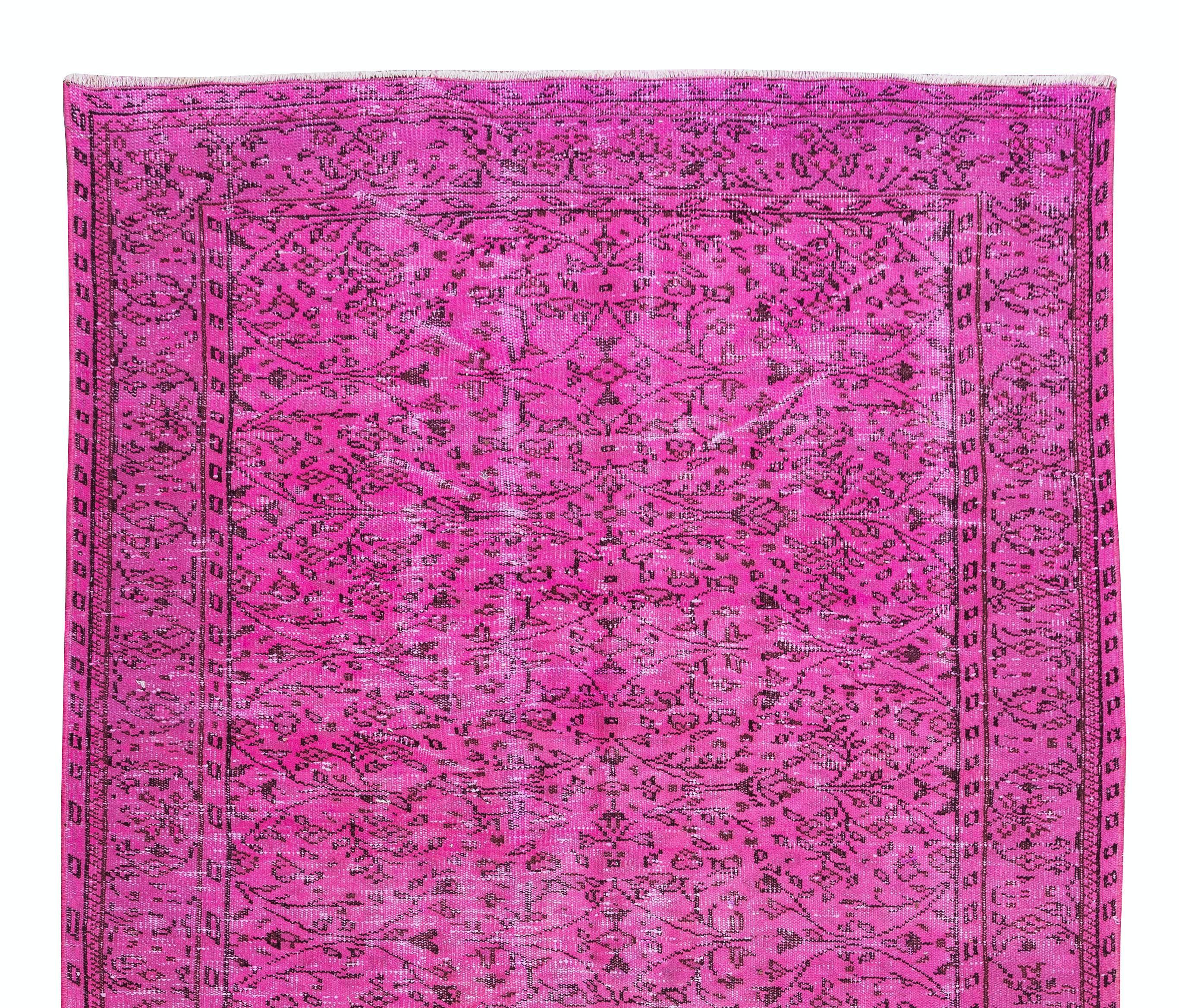 Hand-Woven Vintage Handmade Turkish Rug Over-Dyed in Pink Color with Floral Design