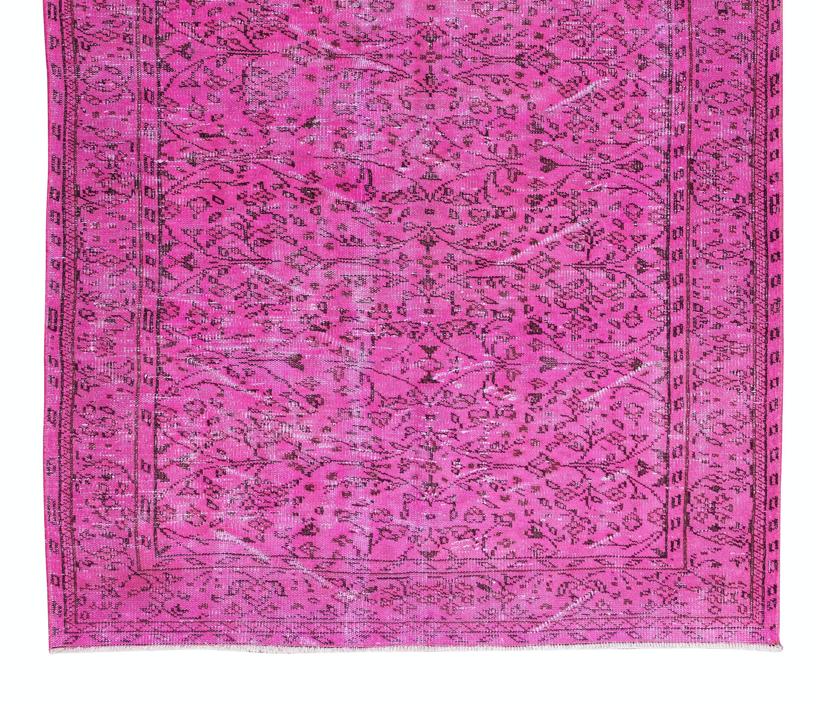 Vintage Handmade Turkish Rug Over-Dyed in Pink Color with Floral Design In Good Condition For Sale In Philadelphia, PA
