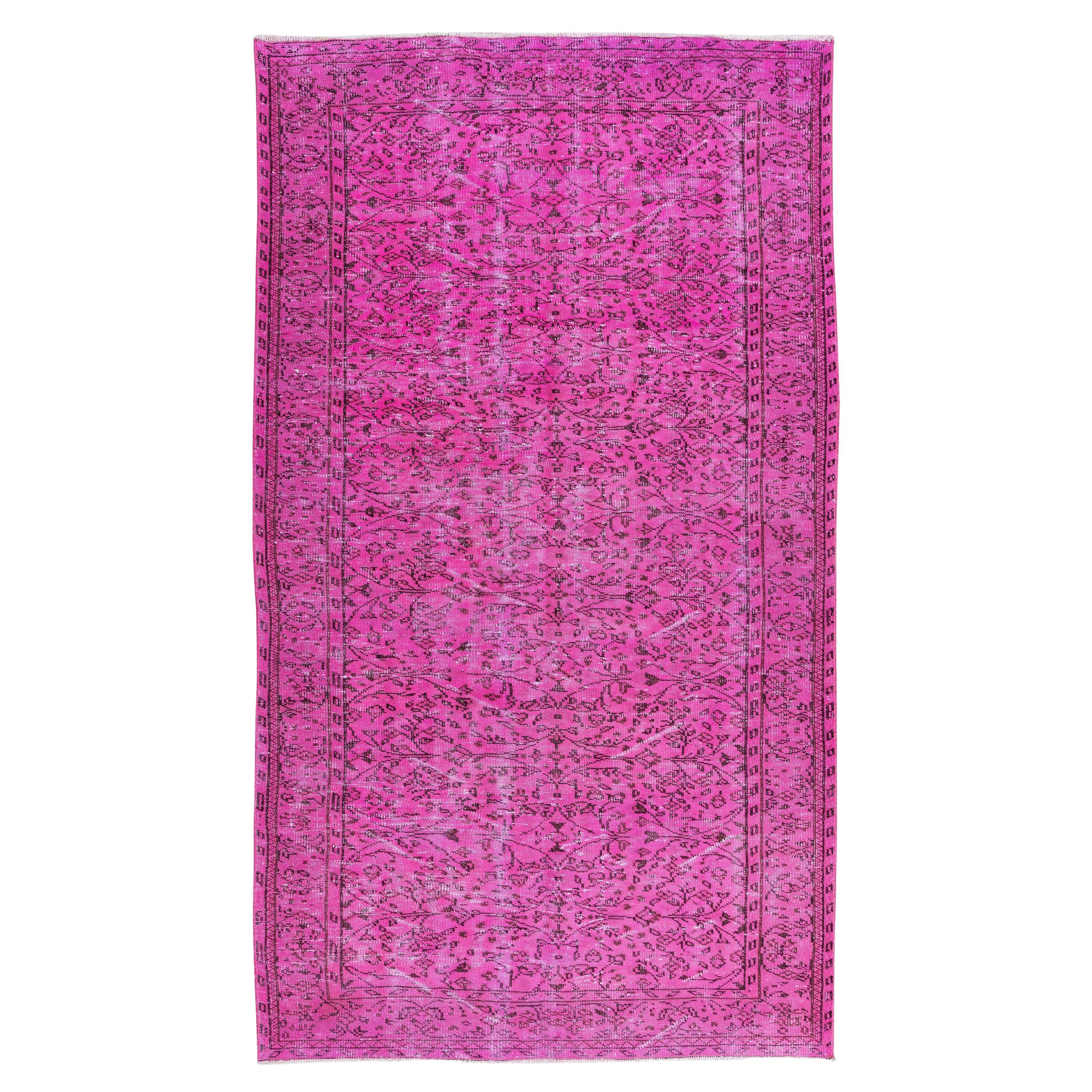 Vintage Handmade Turkish Rug Over-Dyed in Pink Color with Floral Design