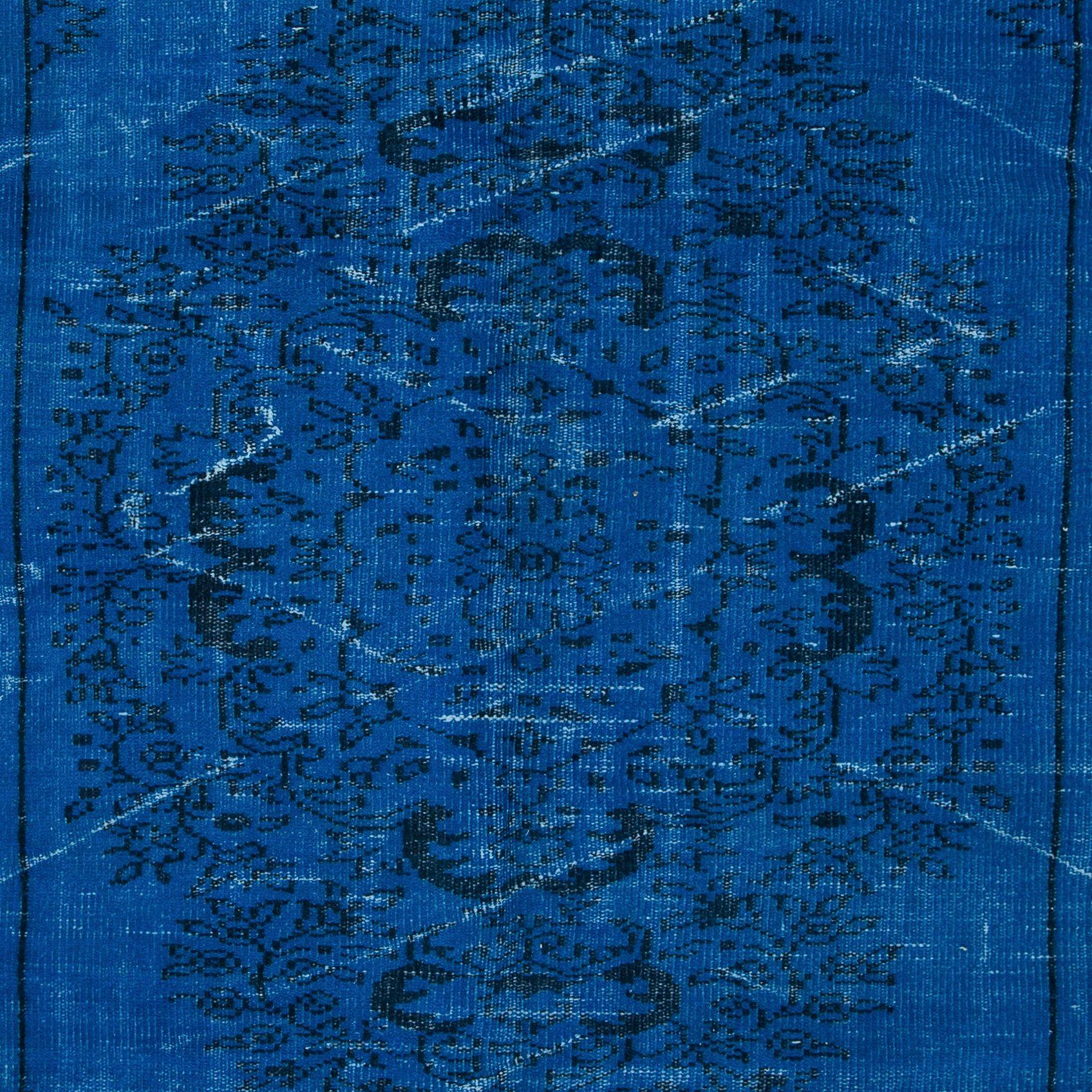 Turkish 5x8.7 Ft Overdyed Wool Blue Area Rug, Handmade in Turkey, Modern Upcycled Carpet For Sale