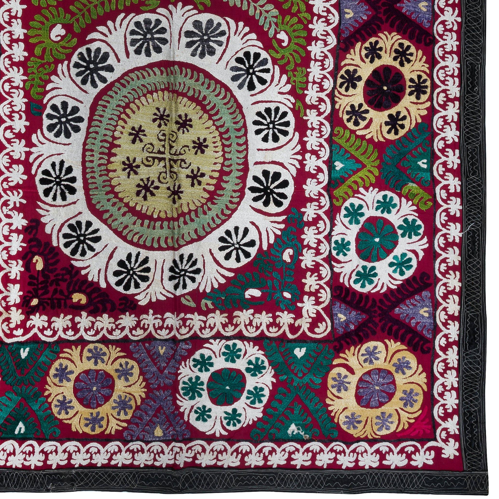 Uzbek 5x8.7 ft Silk Hand Embroidered Wall Hanging, Vintage Colorful Suzani Bed Cover For Sale