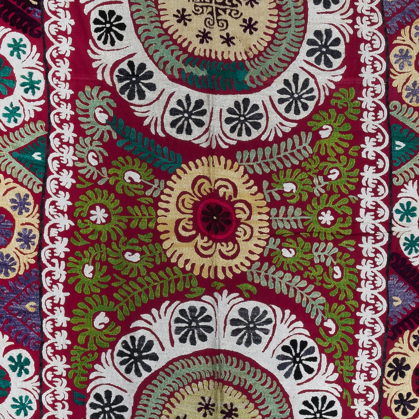 Uzbek 5x8.7 ft Silk Hand Embroidered Wall Hanging, Vintage Colorful Suzani Bed Cover For Sale