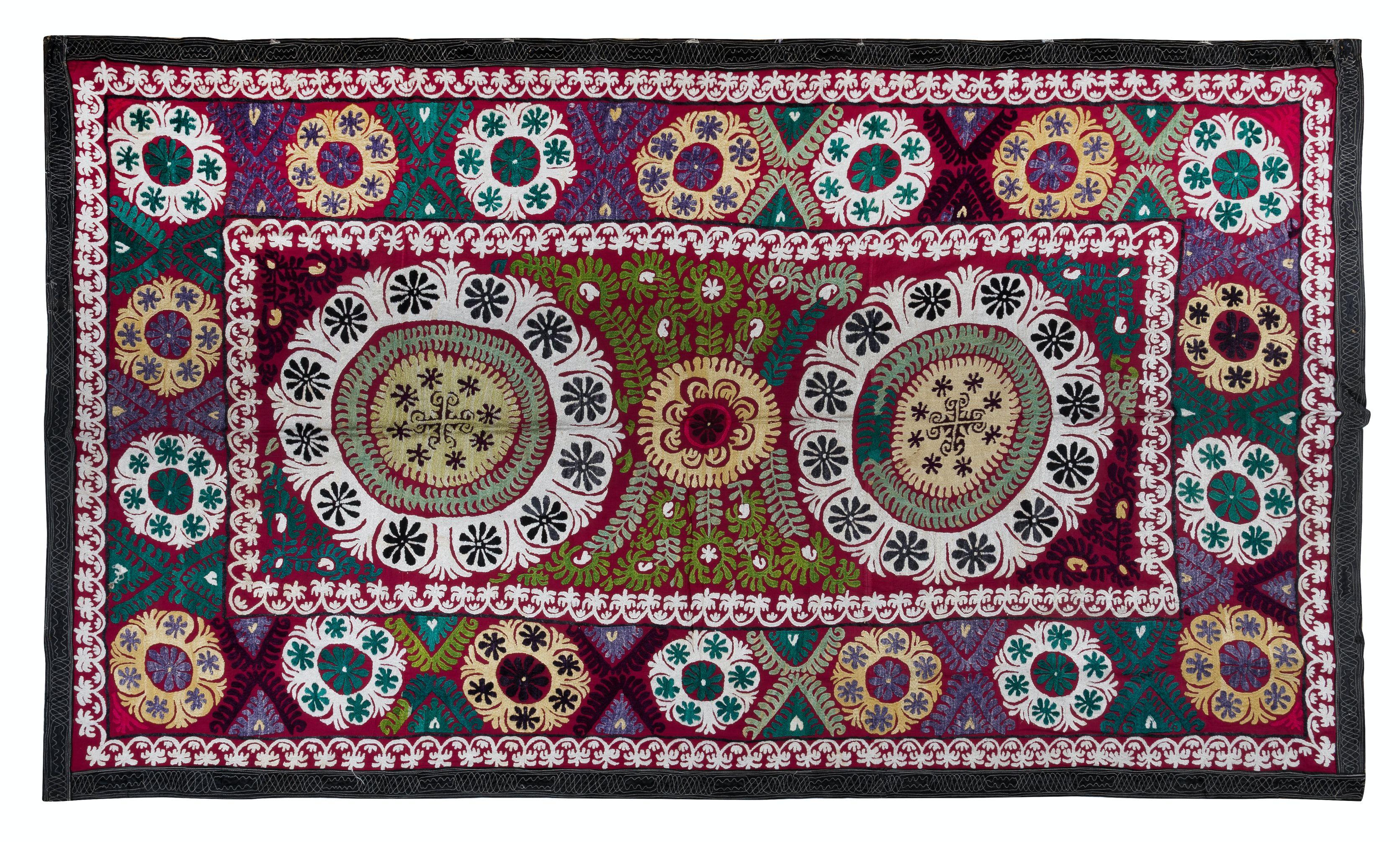 20th Century 5x8.7 ft Silk Hand Embroidered Wall Hanging, Vintage Colorful Suzani Bed Cover For Sale