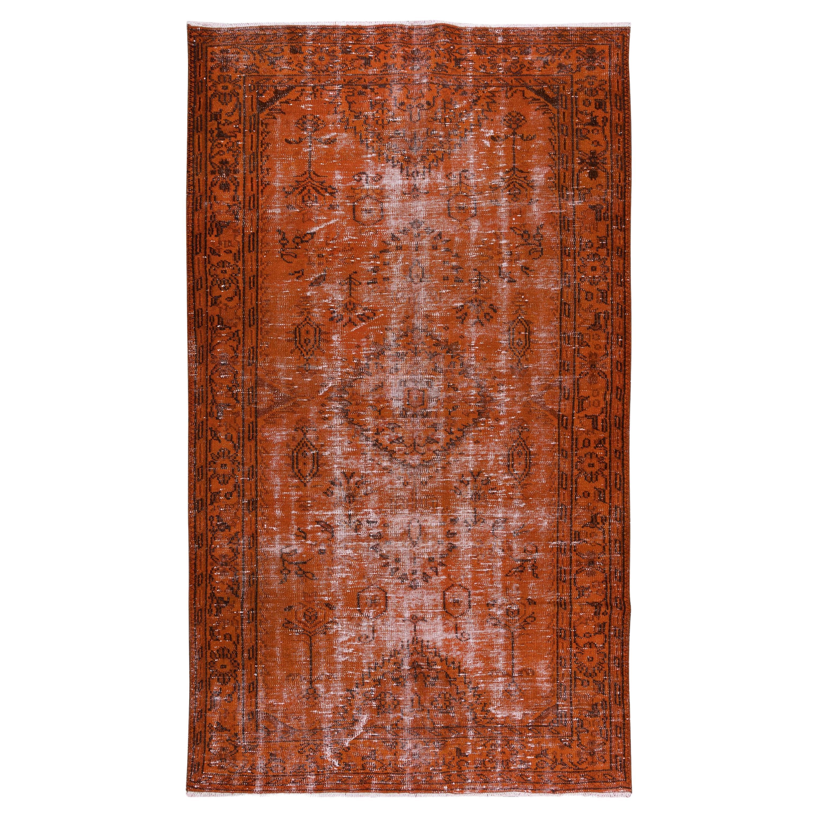 Hand Knotted Turkish Rug Over-Dyed in Orange for Contemporary Interiors