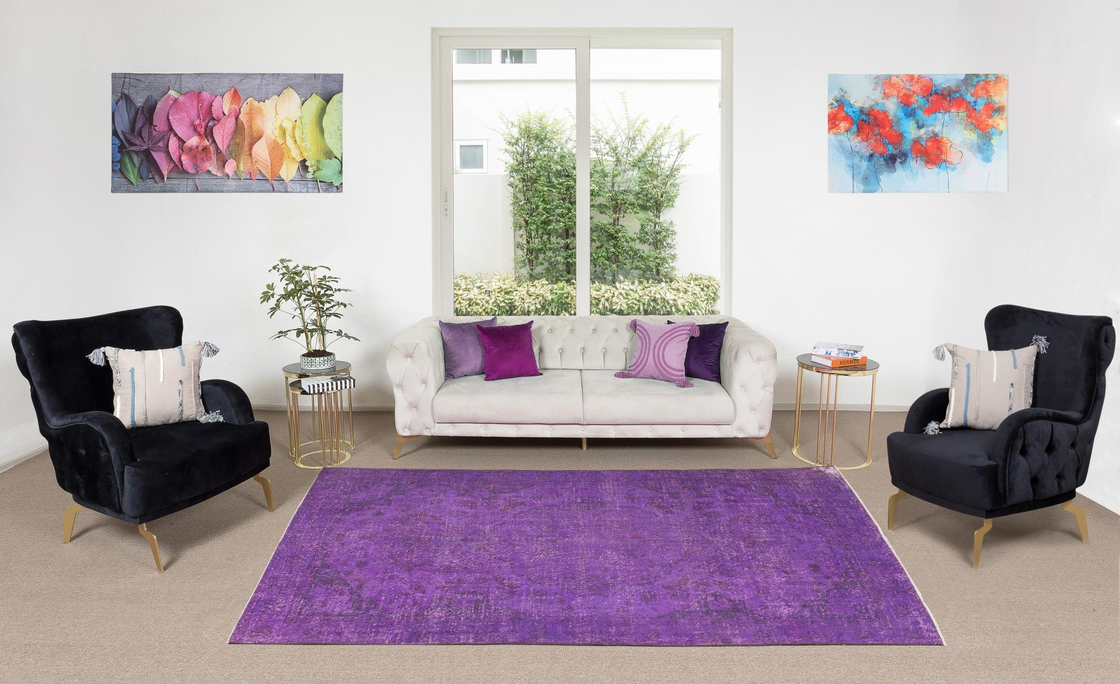 Hand-Woven 5x8.8 Ft Handmade Turkish Rug Over-Dyed in Purple, Modern Solid Pattern Carpet For Sale