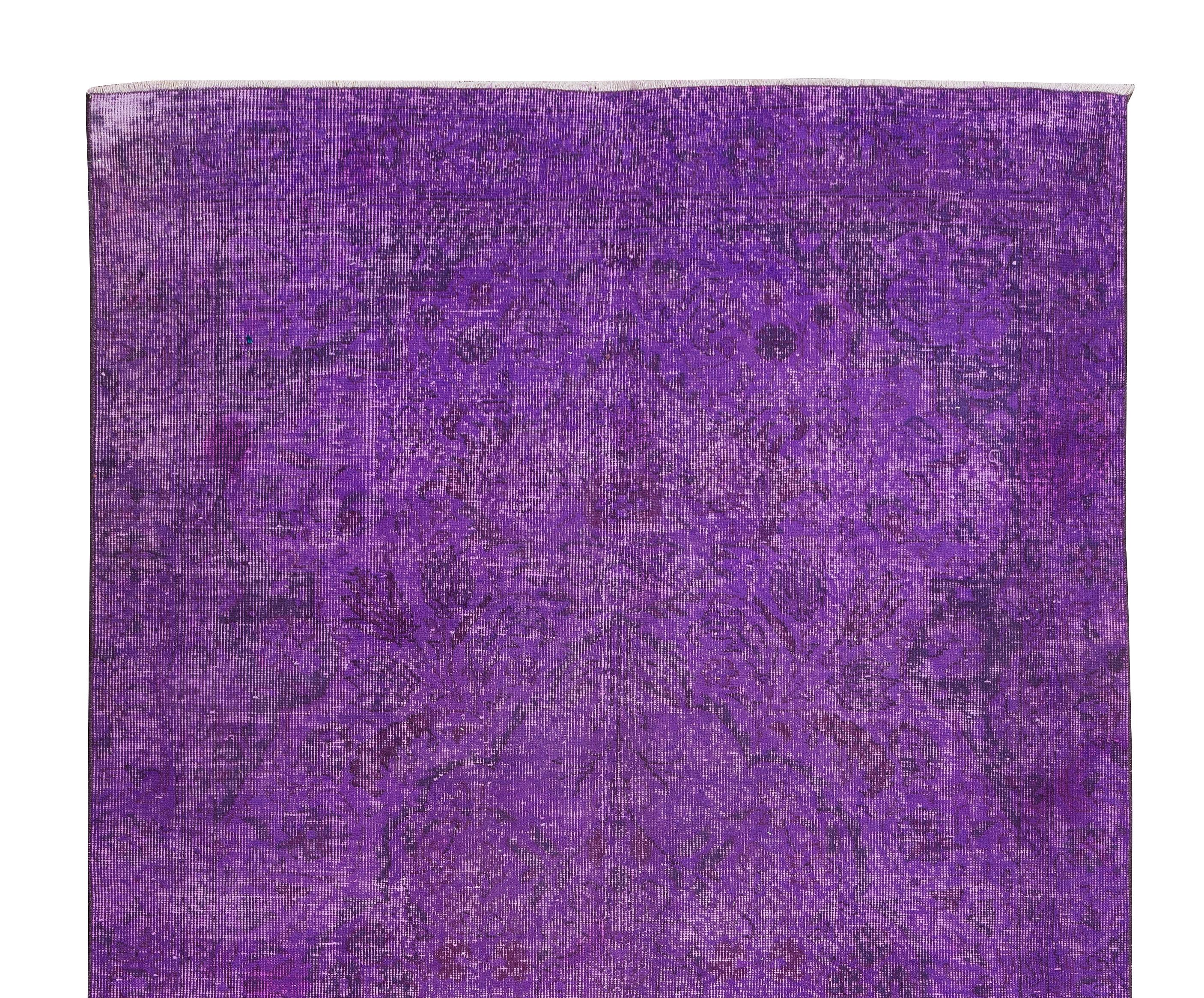 20th Century 5x8.8 Ft Handmade Turkish Rug Over-Dyed in Purple, Modern Solid Pattern Carpet For Sale
