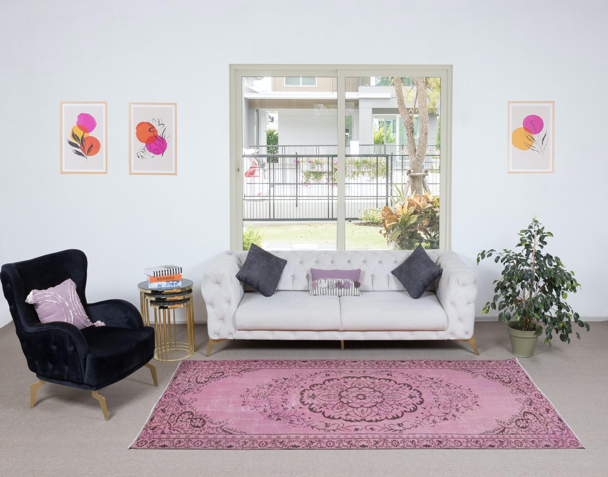 20th Century 5x8.8 Ft Light Pink Decorative Handmade Turkish Area Rug for Modern Interiors
