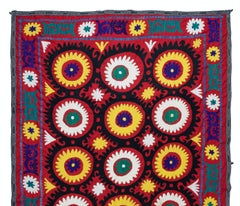 Suzani Bed Cover in Red, Old Embroidered Wall Hanging. Asian-Inspired