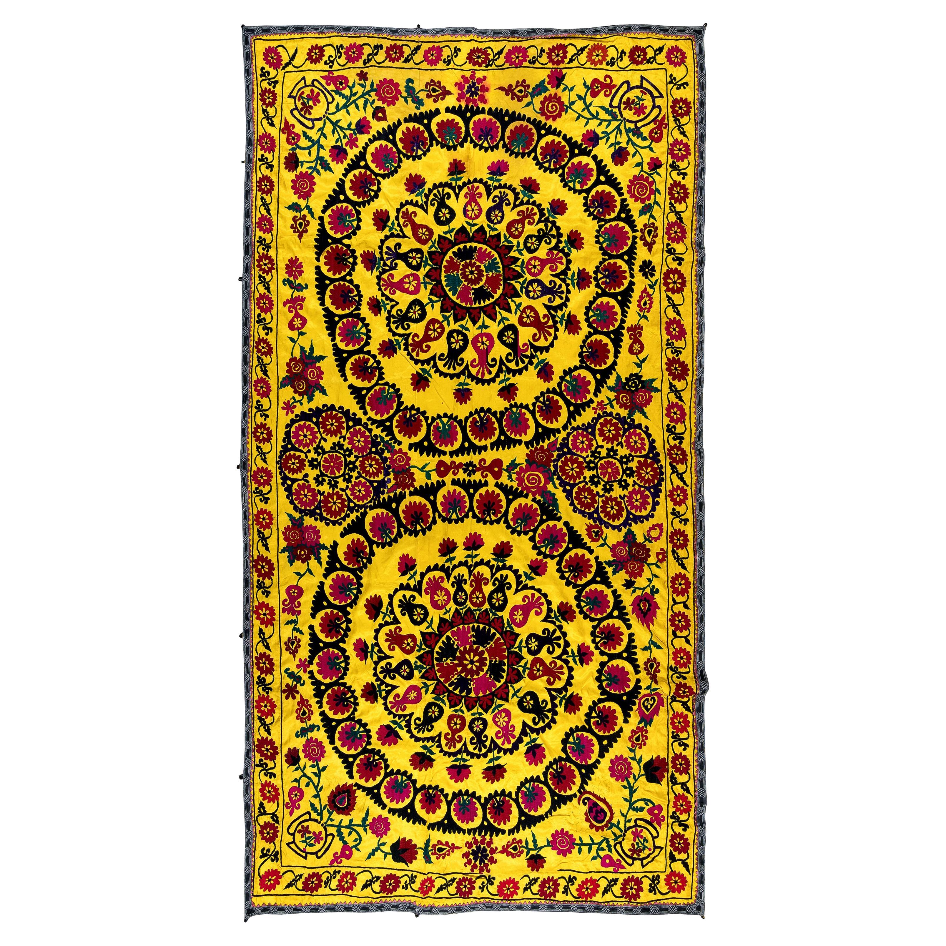 7.6x8.3 Ft Vintage Silk Hand Embroidery Bed Cover, Asian Suzani Wall