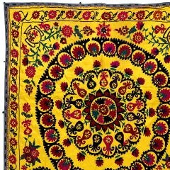 5x8.9 Ft Uzbek Silk Embroidery Suzani Bed Cover, Yellow Vintage Wall Hanging