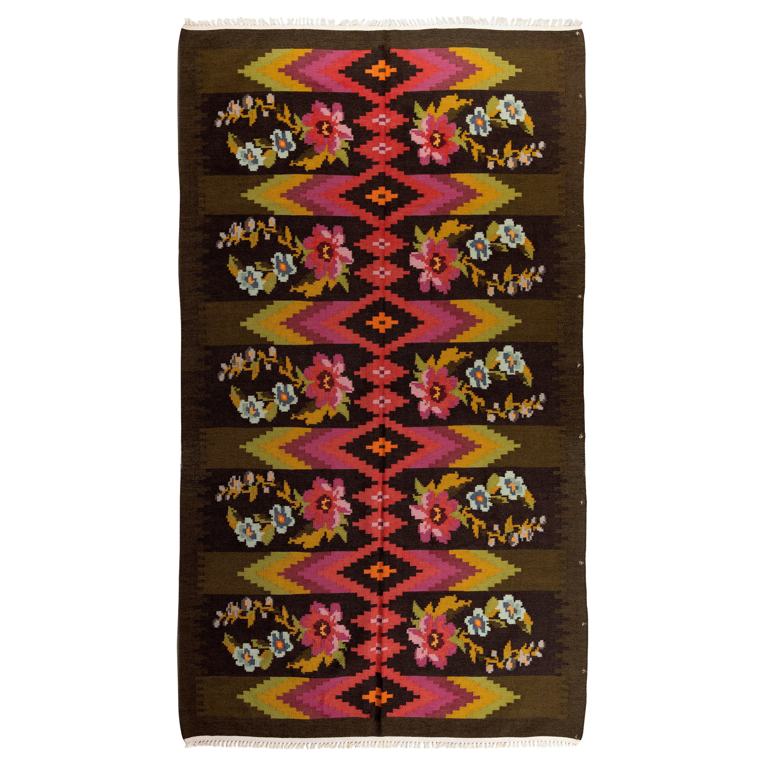 6.9x8 Ft Vintage Bessarabian Kilim, Floral Handwoven Wool Rug from