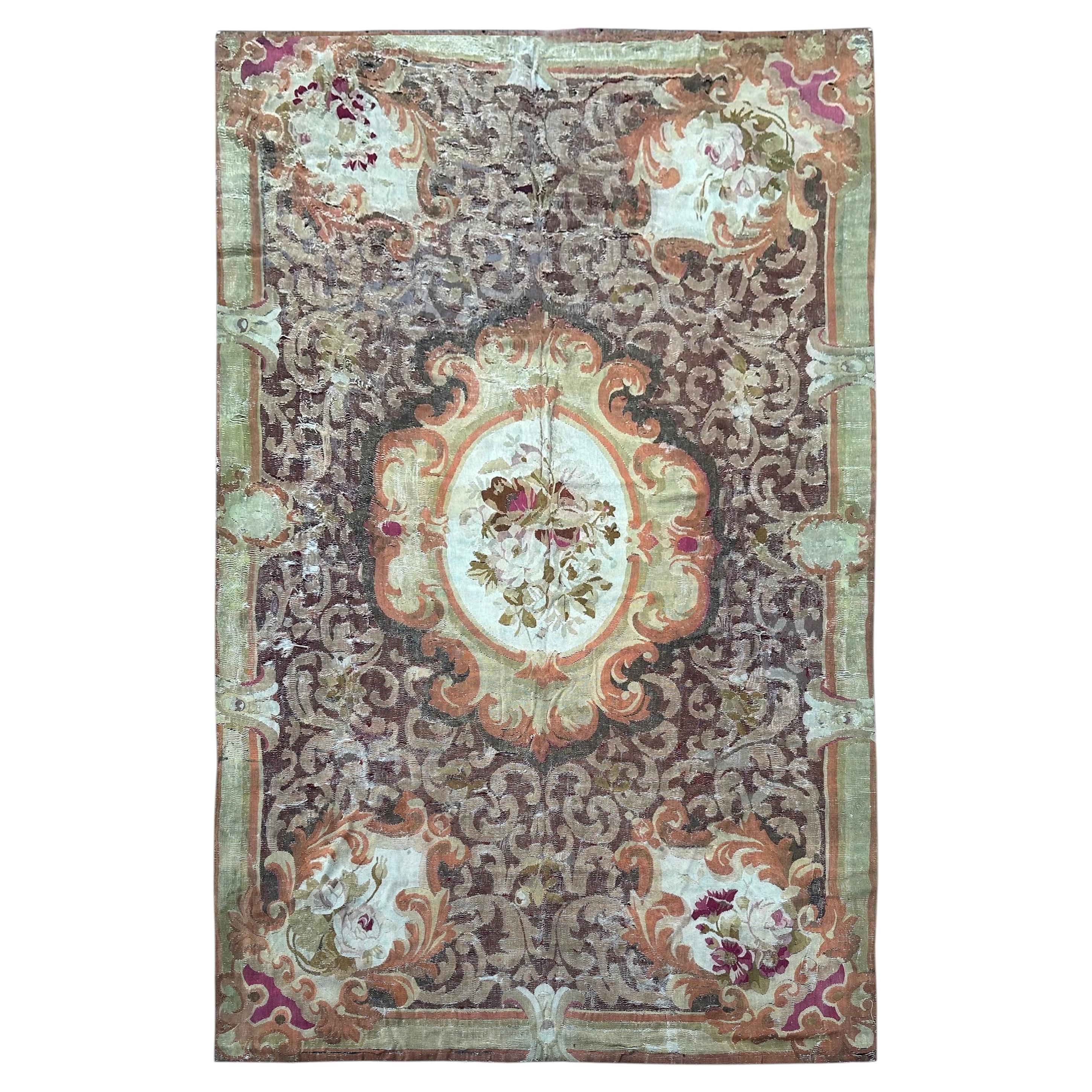 5x9 Antique French Aubusson Empire Tapestry 152x274 cm c.1830 Floral Medallion