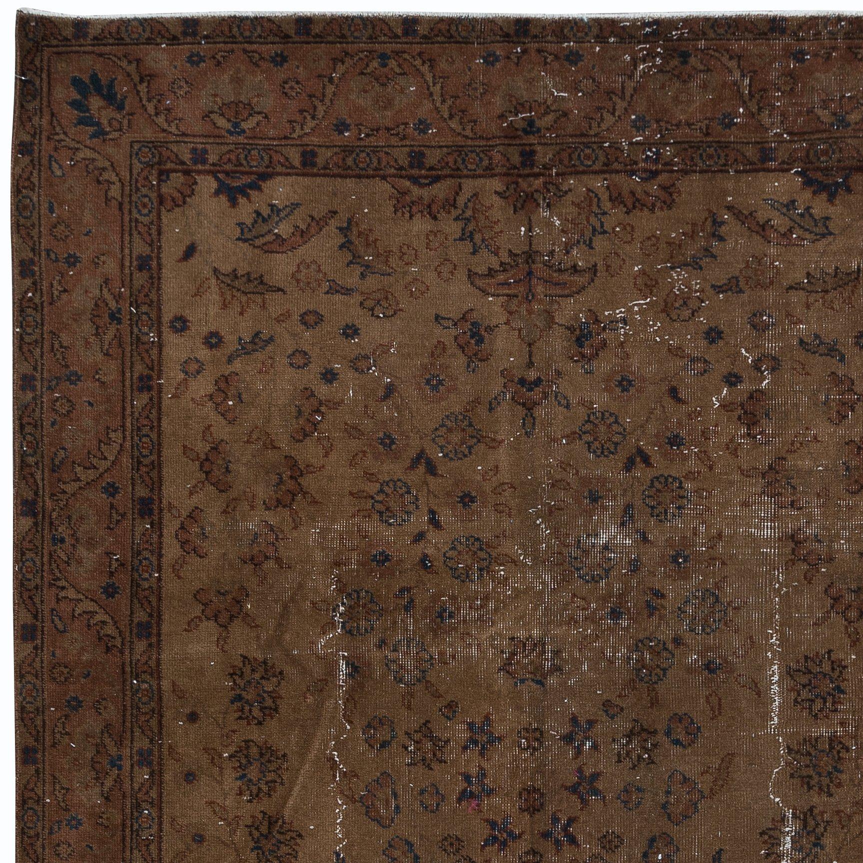 Hand-Woven 5x9 Ft Brown Over-Dyed Handmade Turkish Floral Pattern Rug for Modern Interiors For Sale