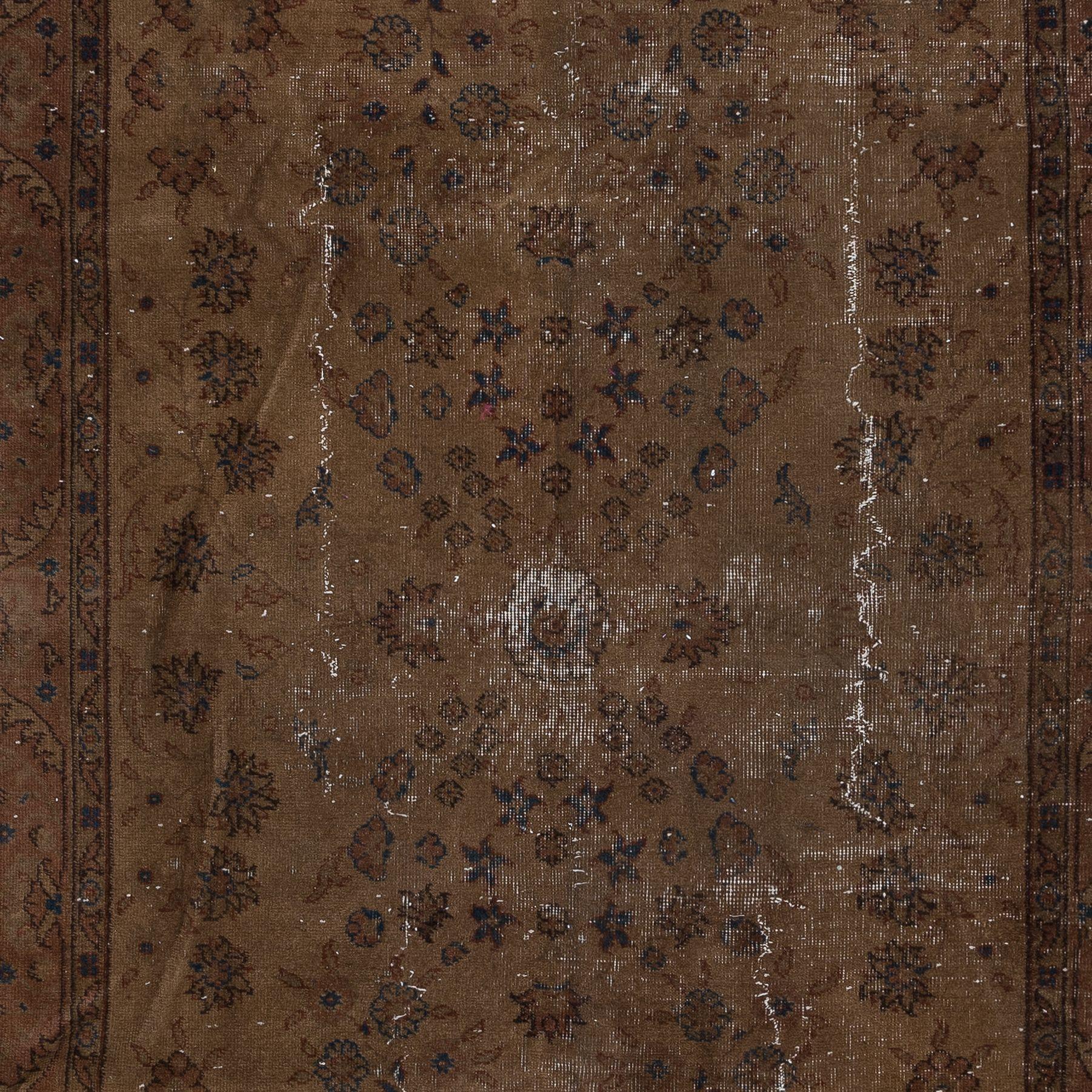 5x9 Ft Brown Over-Dyed Handmade Turkish Floral Pattern Rug for Modern Interiors In Good Condition For Sale In Philadelphia, PA