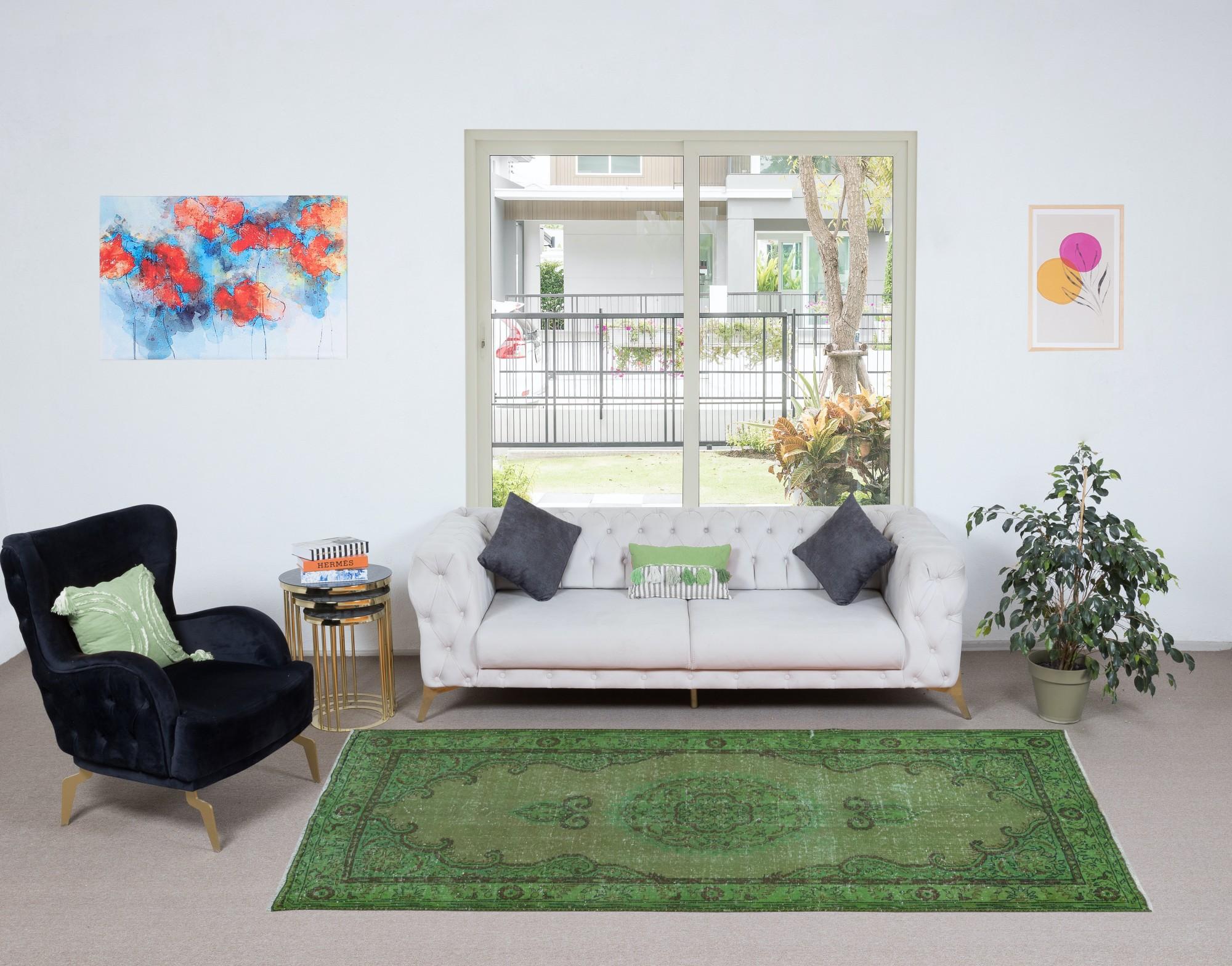 5x9 Ft Handmade Green Carpet from Turkey, Modern Living Room Decor Rug In Good Condition For Sale In Philadelphia, PA