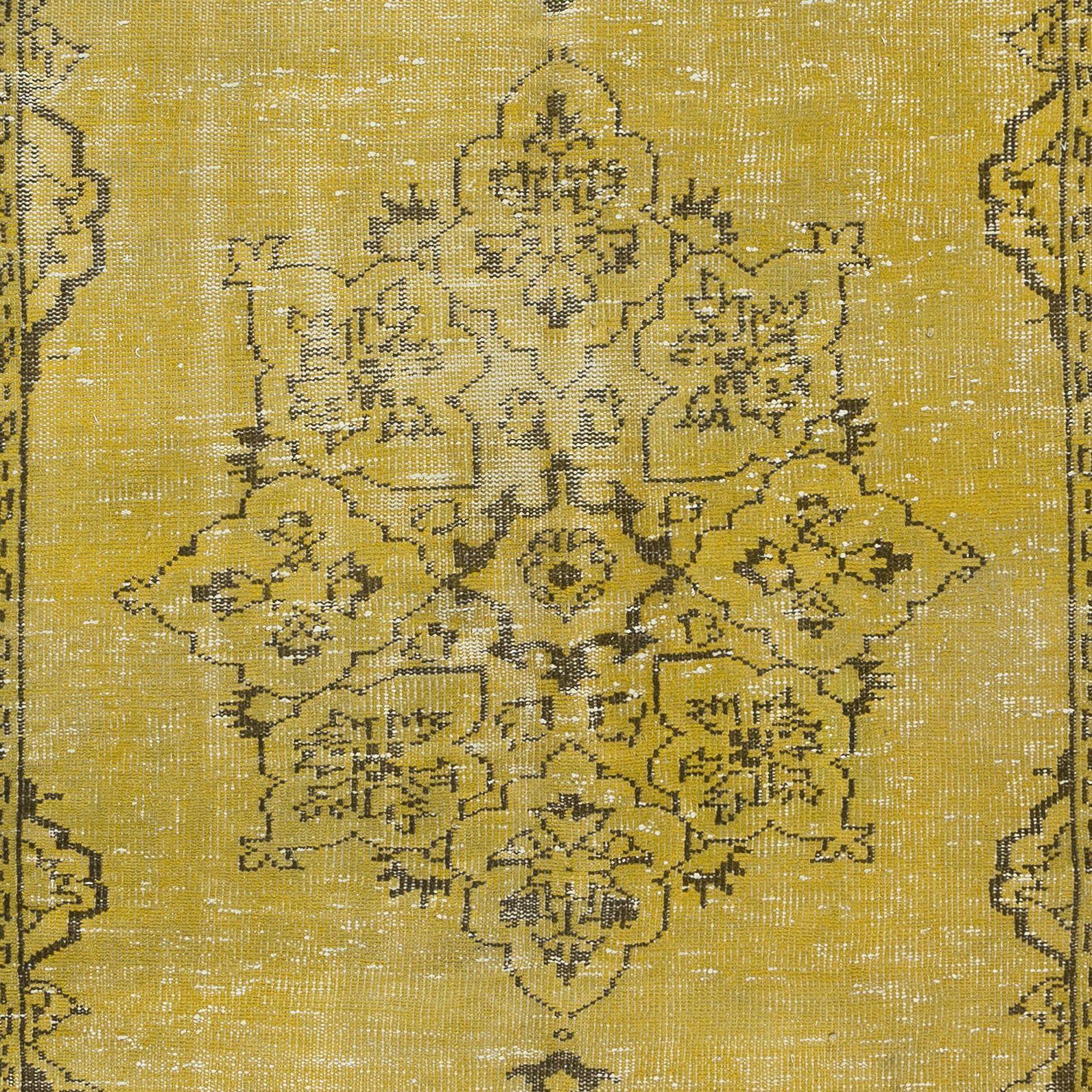 Hand-Knotted 5x9 Ft Modern Handmade Turkish Rug in Yellow, Vintage Medallion Design Carpet For Sale