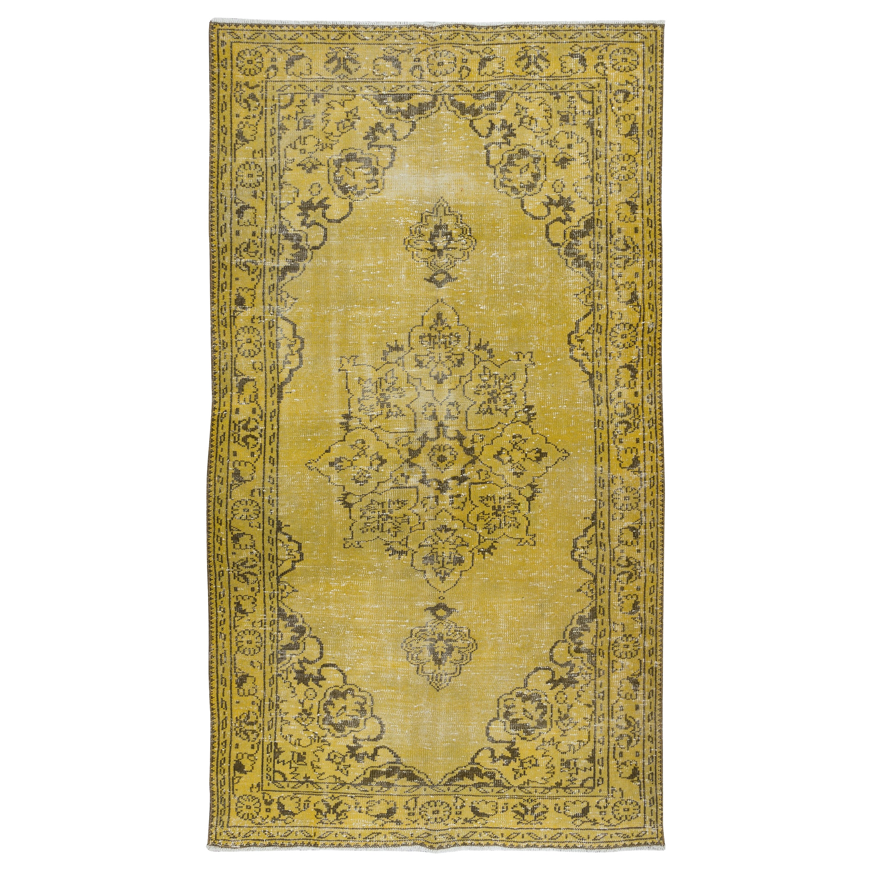 5x9 Ft Moderner Handgefertigter Türkischer Teppich in Gelb, Vintage Medaillon Design Teppich