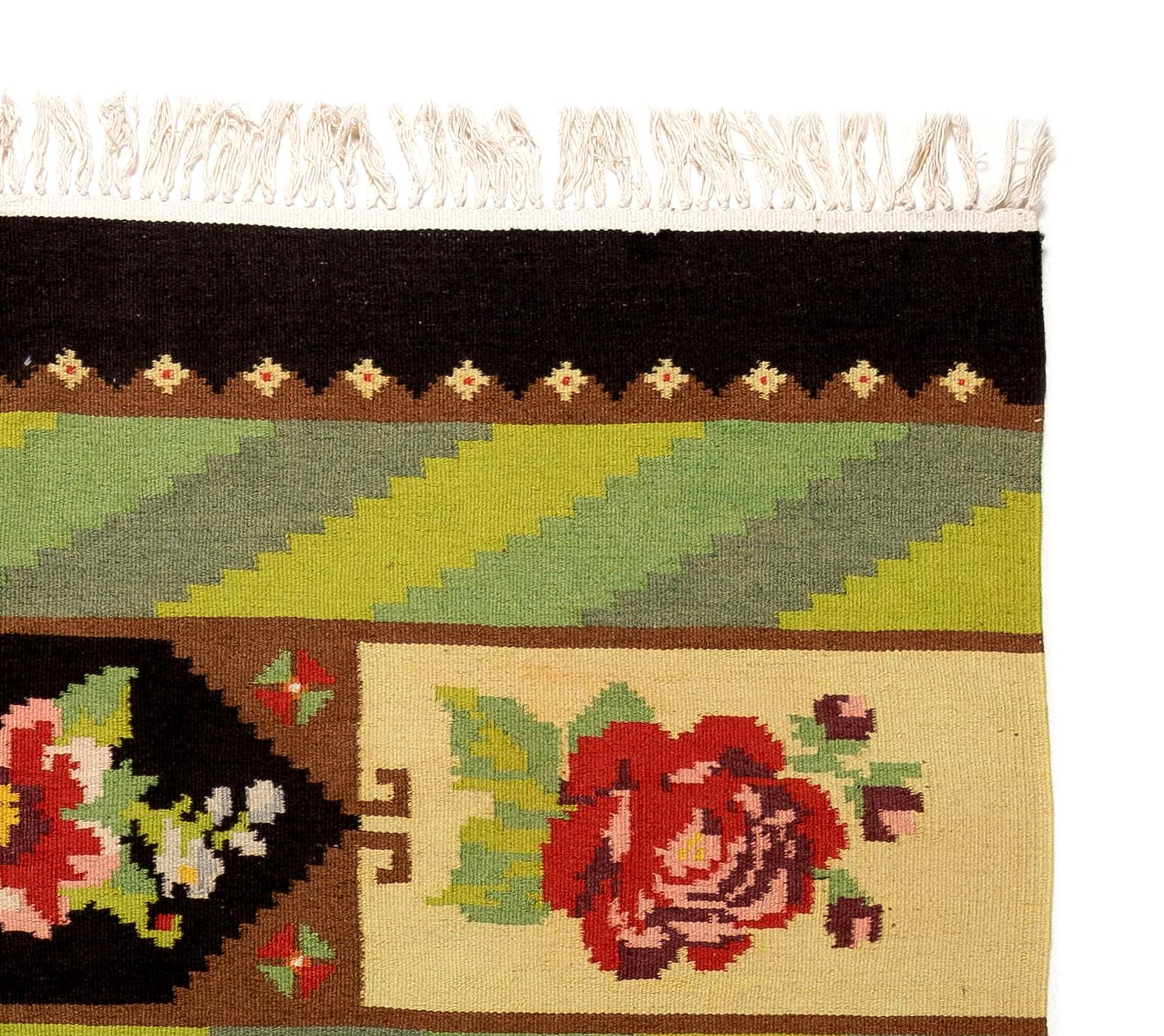 Bohemian Vintage Bessarabian Kilim, Floral Handwoven Wool Rug from Moldova