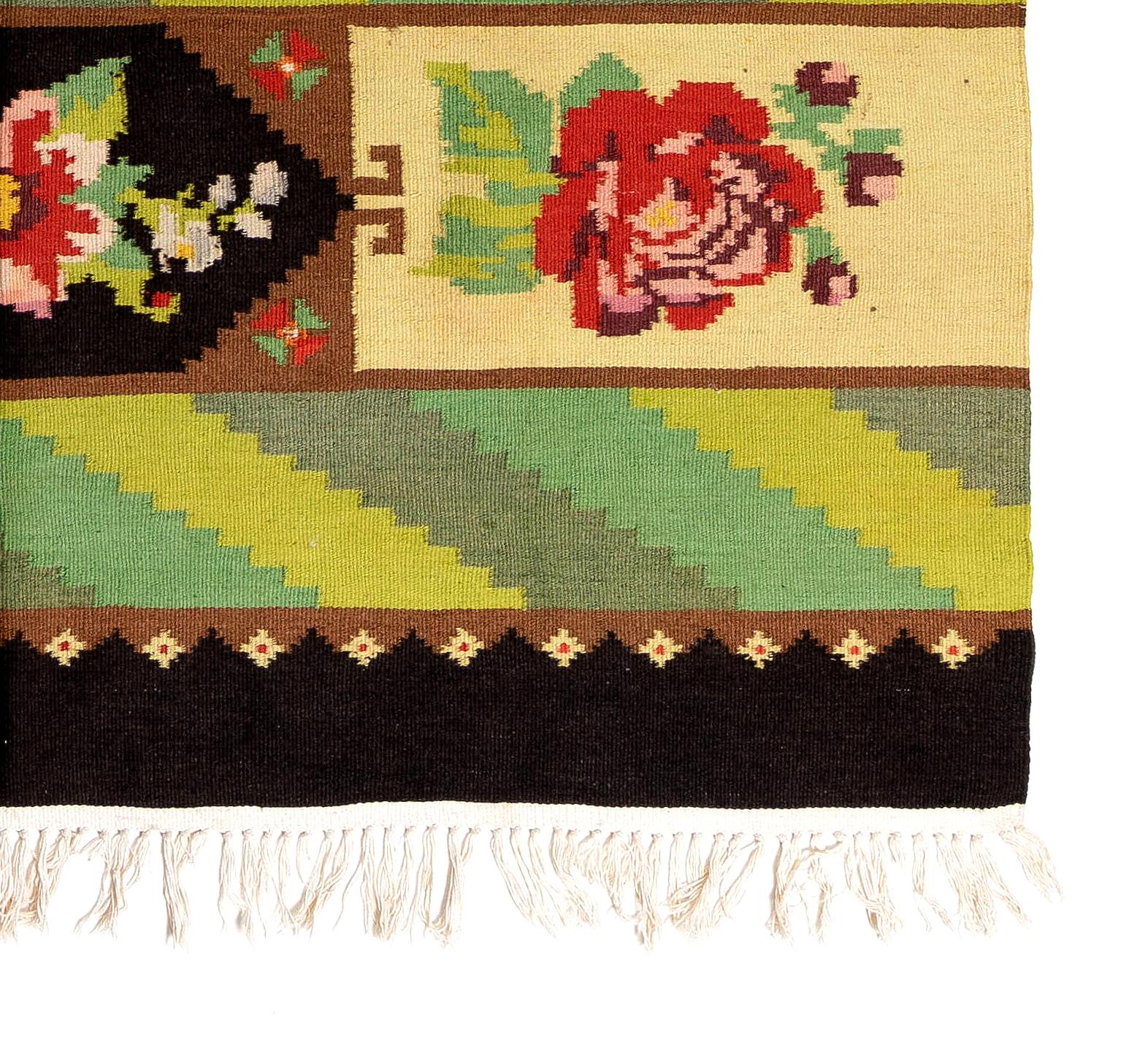 Hand-Woven Vintage Bessarabian Kilim, Floral Handwoven Wool Rug from Moldova