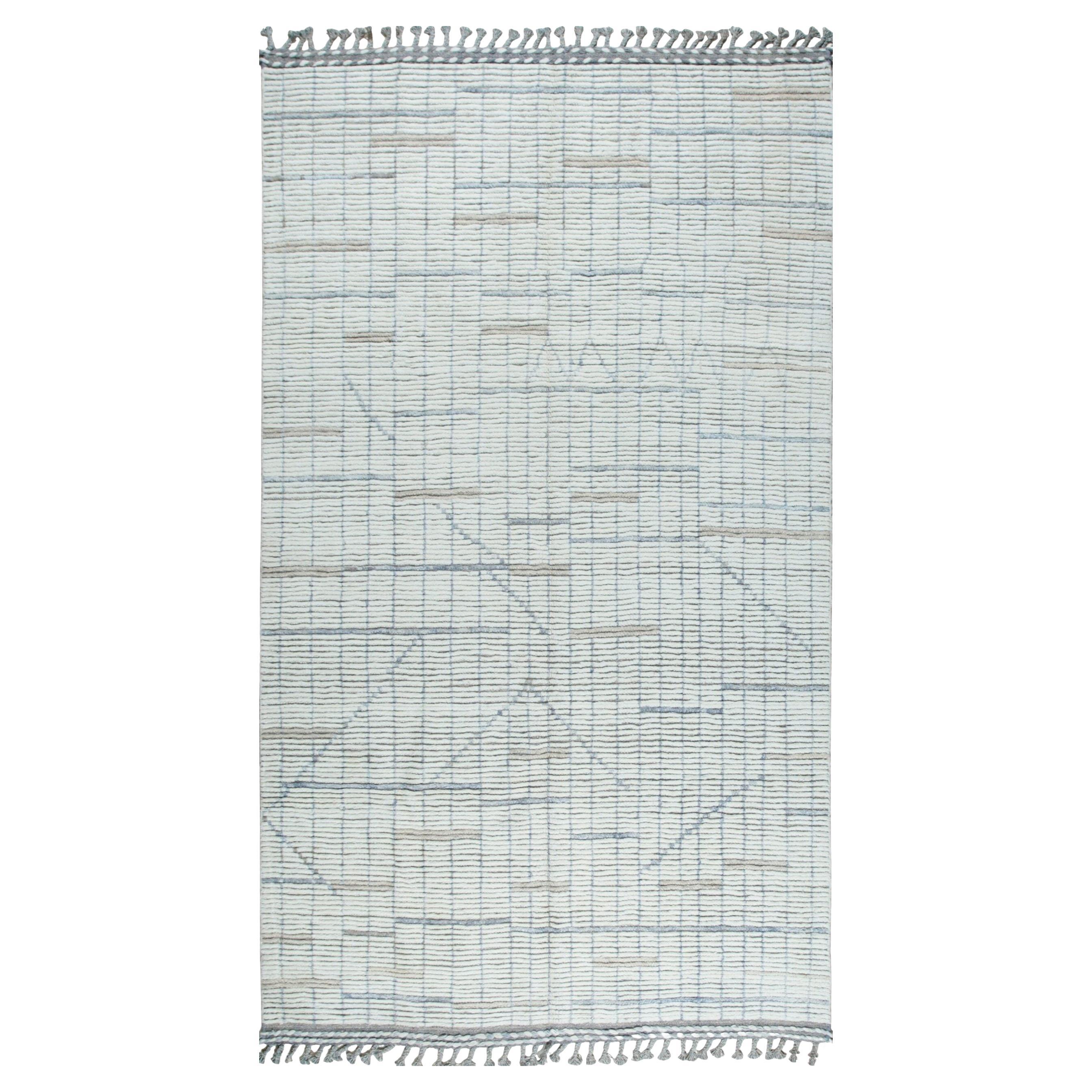 5x9 Ivory Hand-Knotted Wool Linear Diamond Motif Geometric Modern Carpet Rug For Sale