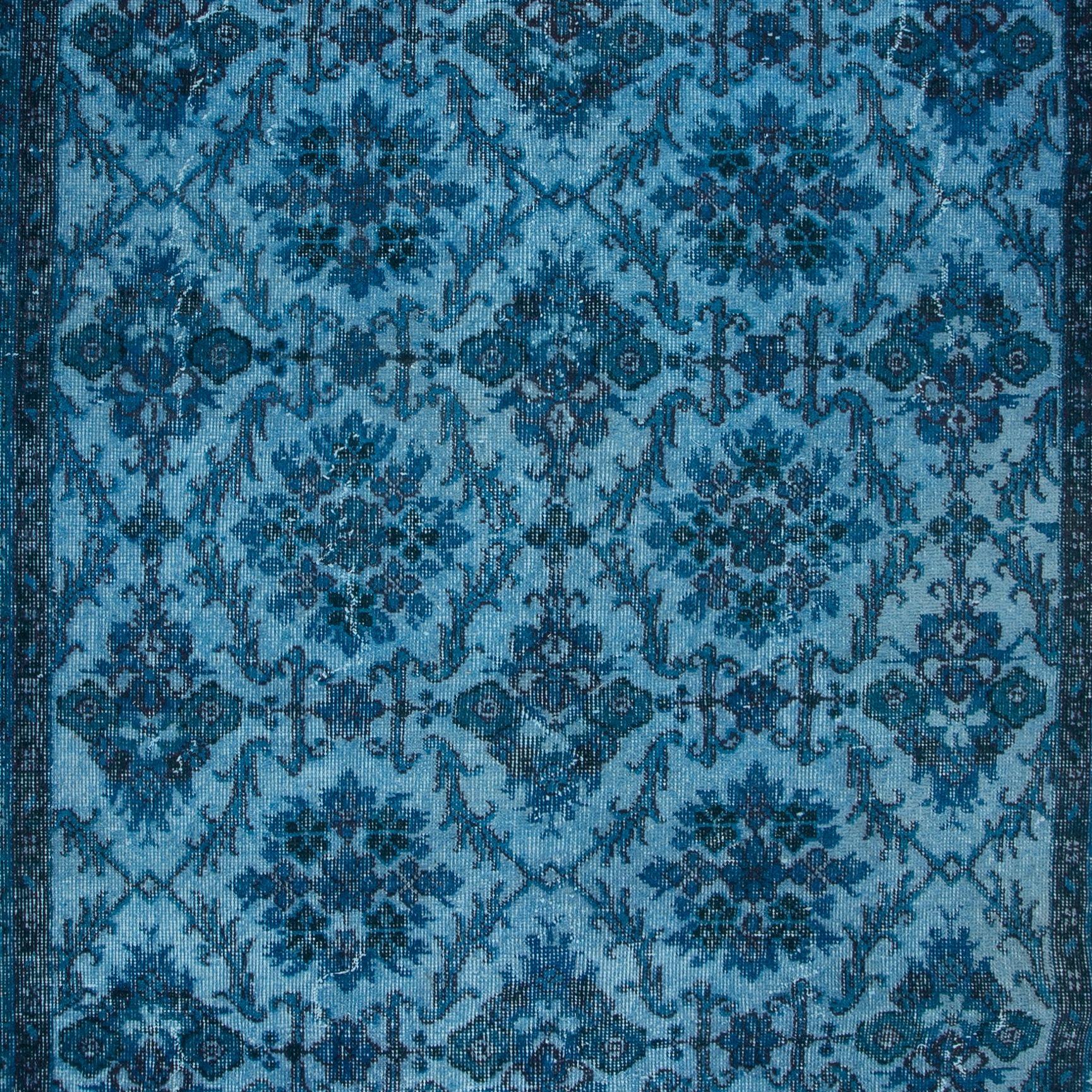Modern 5x9.2 Ft Blue Handmade Turkish Area Rug with All-Over Botanical Design For Sale