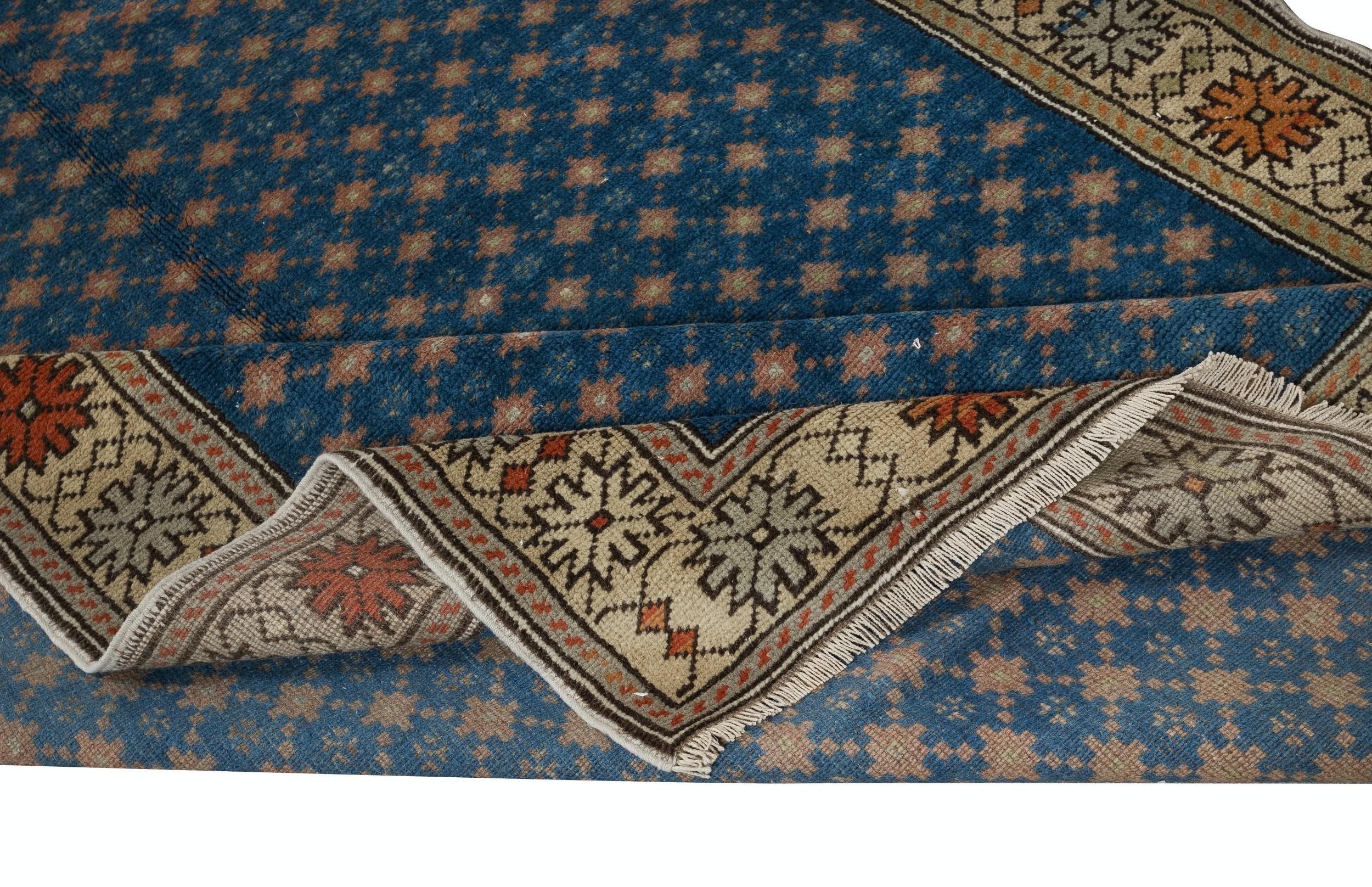 Rustic 5x9.2 Ft Vintage Handmade Floral Patterned Blue Turkish Area Rug. 100% Wool For Sale