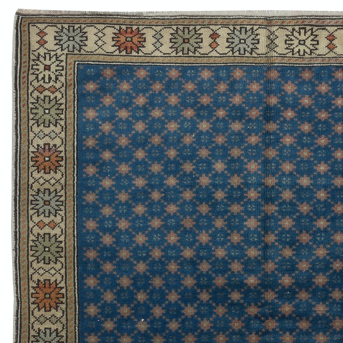 Hand-Knotted 5x9.2 Ft Vintage Handmade Floral Patterned Blue Turkish Area Rug. 100% Wool For Sale