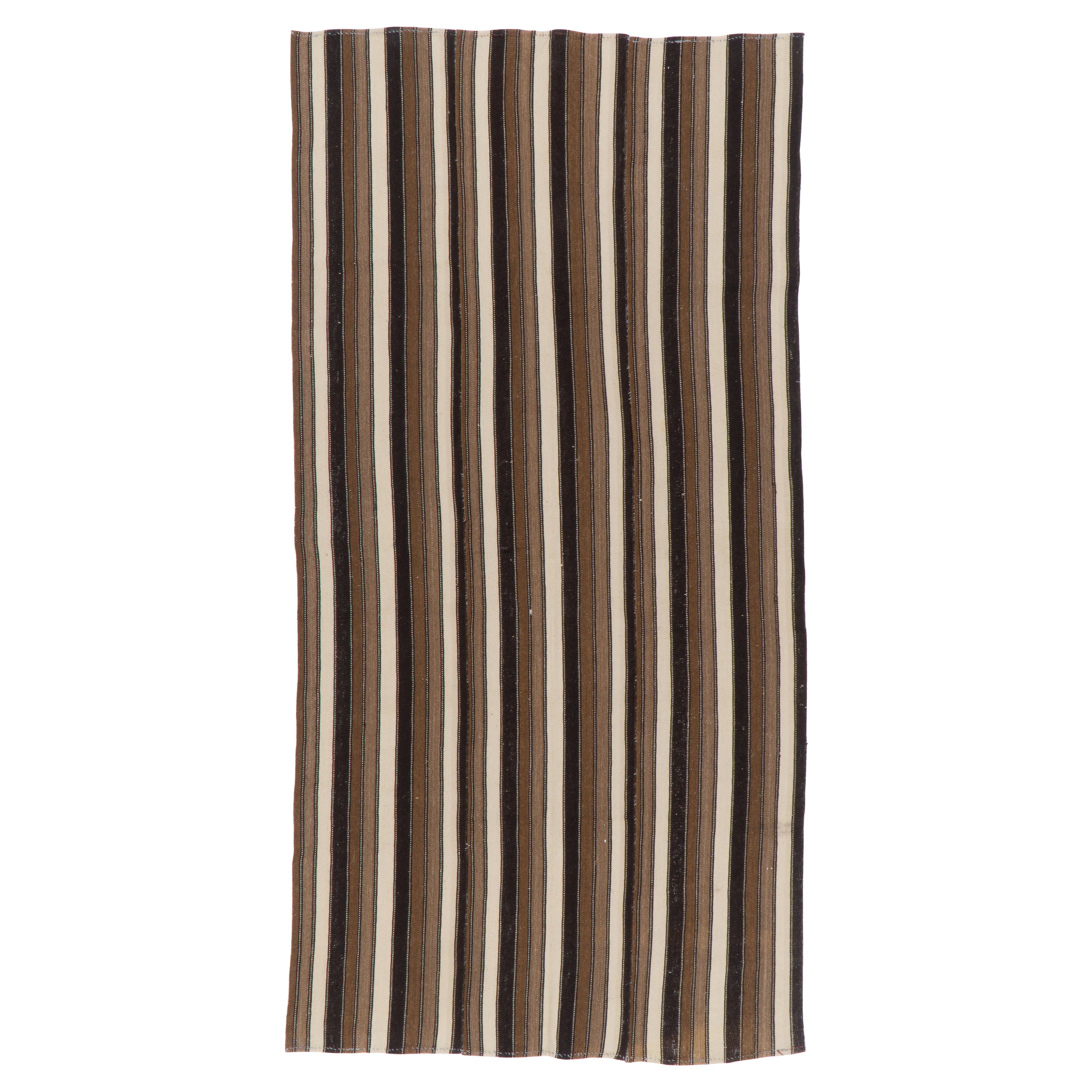 Tappeto vintage a righe turco Rug & Kilim, 100% lana, reversibile, marrone e beige, 5x9.2 Ft