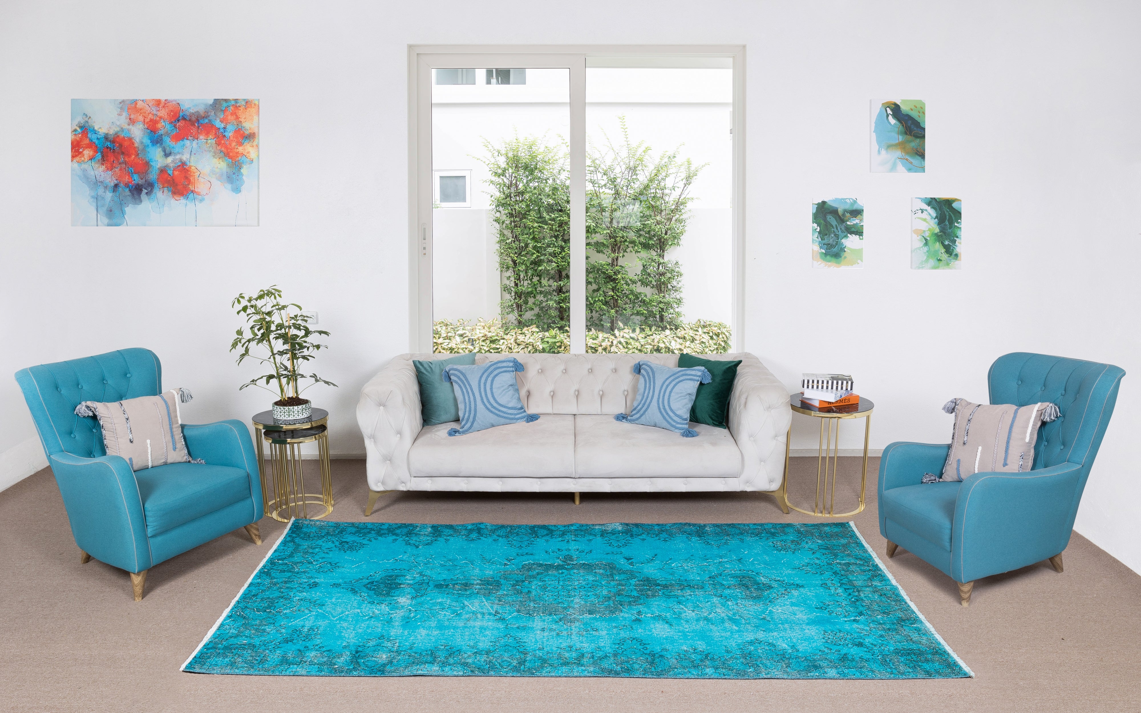 5x9.3 Ft Turkish Handmade Vintage Area Rug in Teal Blue for Modern Living Room For Sale