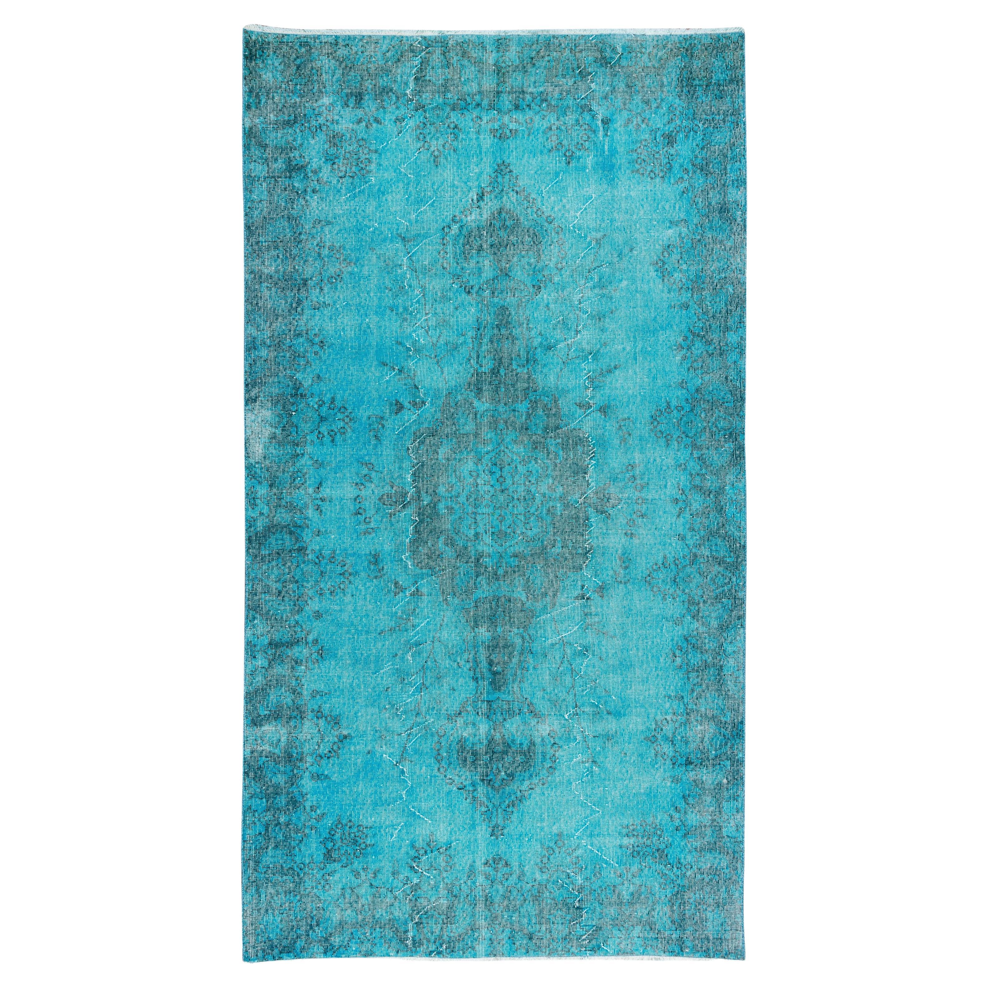 5x8.4 Ft MidCentury Handmade Turkish Area Rug OverDyed in Teal for